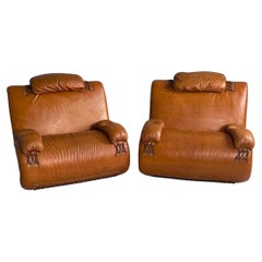 Italian modern brown leather armchairs, 1970s