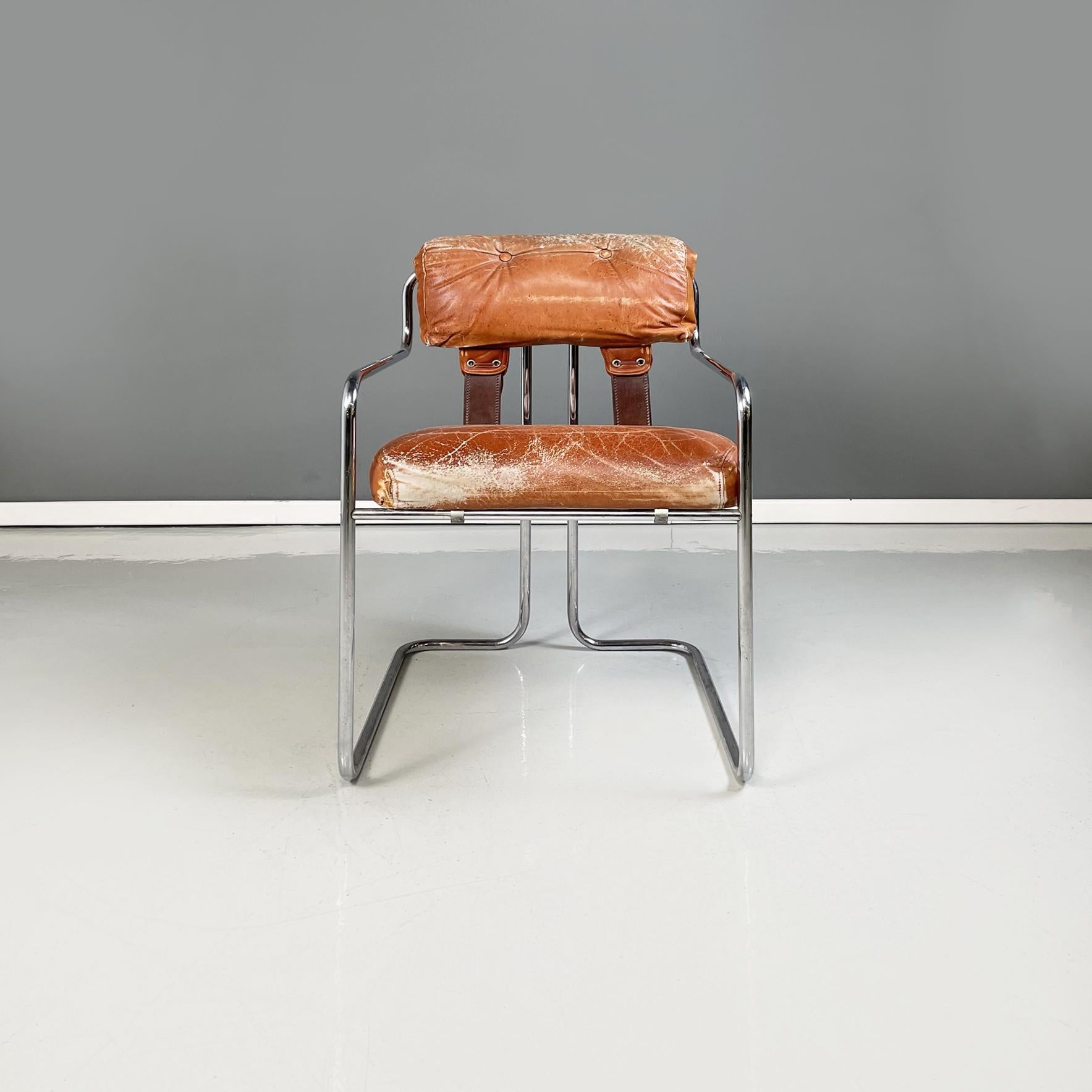 Italian modern brown leather and metal Chair Tucroma by Guido Faleschini for 4Mariani, 1970s
Chair mod. Tucroma with padded seat upholstered in brown leather. The backrest is composed of a padded cushion covered in brown leather and leather bands.