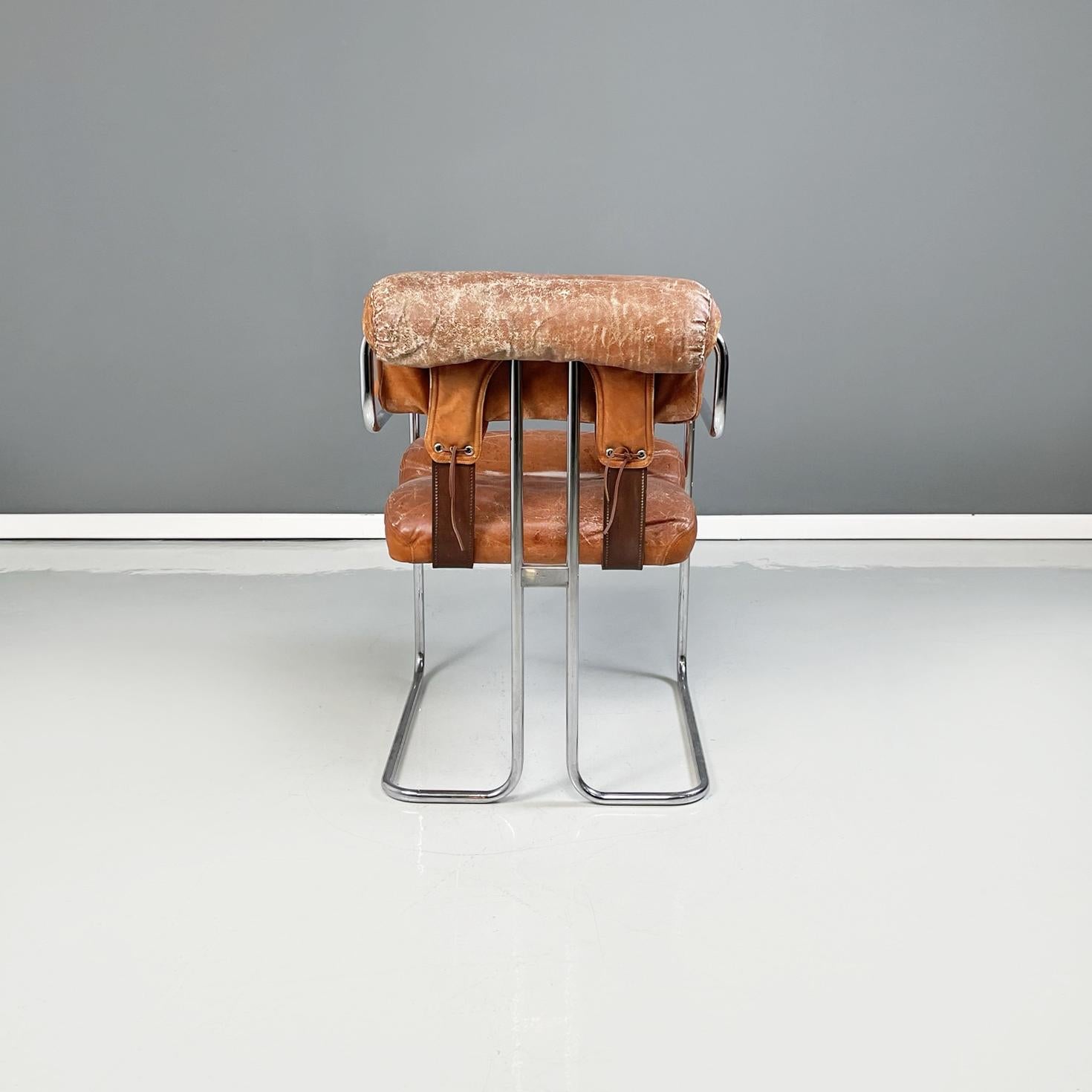 Steel Italian Modern Brown Leather Chair Tucroma by Guido Faleschini 4Mariani, 1970s