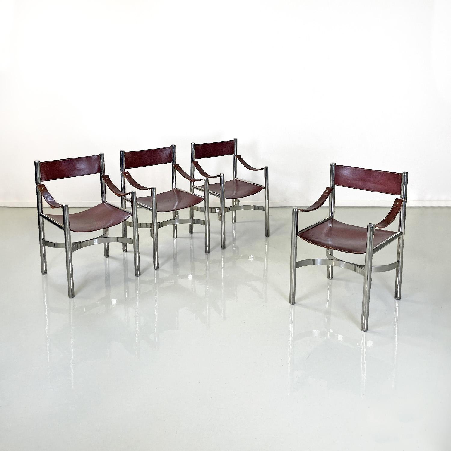 Italian modern brown leather chairs with chromed steel structure by D.I.D., 1970s
Set of four chairs with rectangular base. The seat and back are in brown leather with white stitching, the armrests are made of a band of the same brown leather and