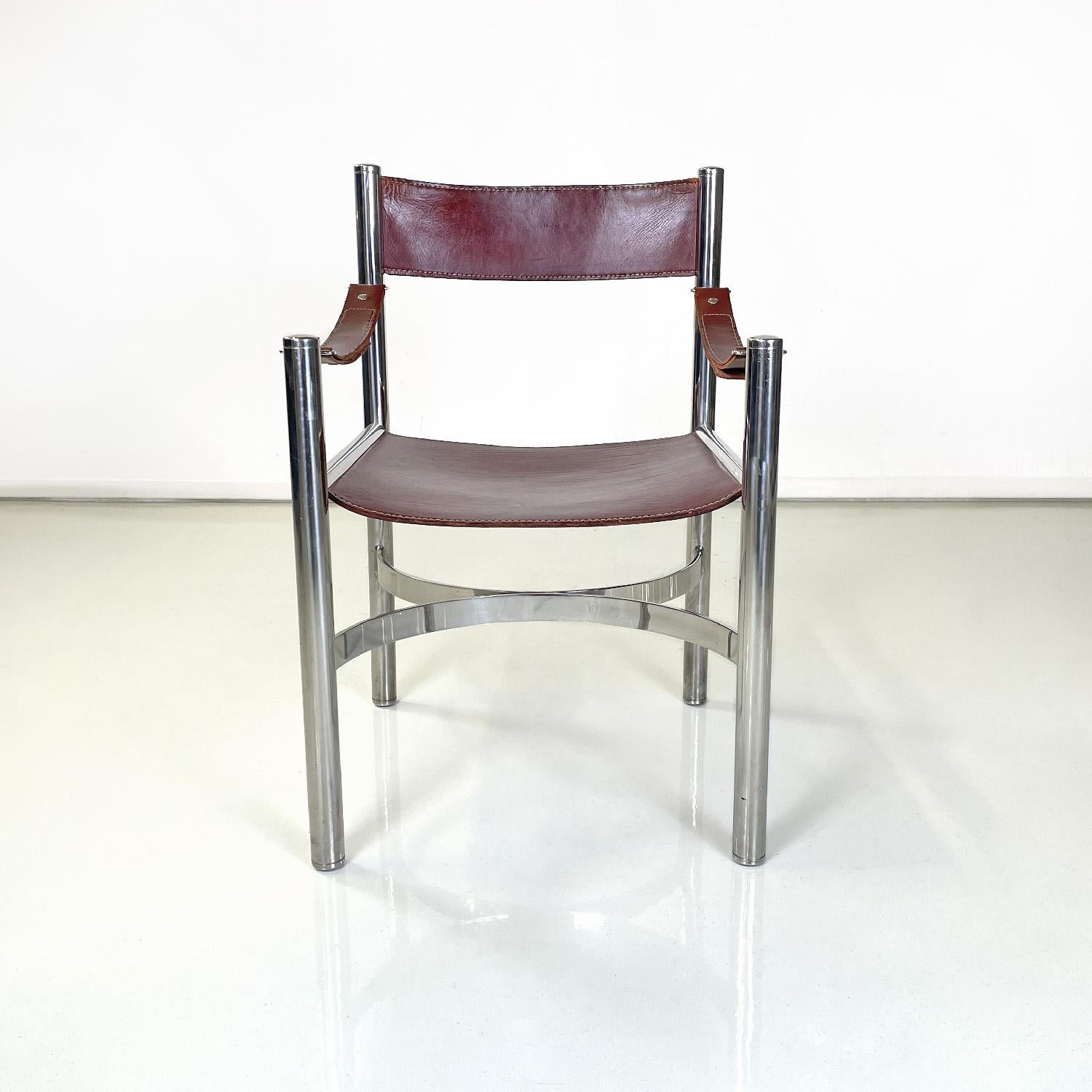 Italian modern brown leather chairs with chromed steel structure by D.I.D, 1970s In Good Condition For Sale In MIlano, IT