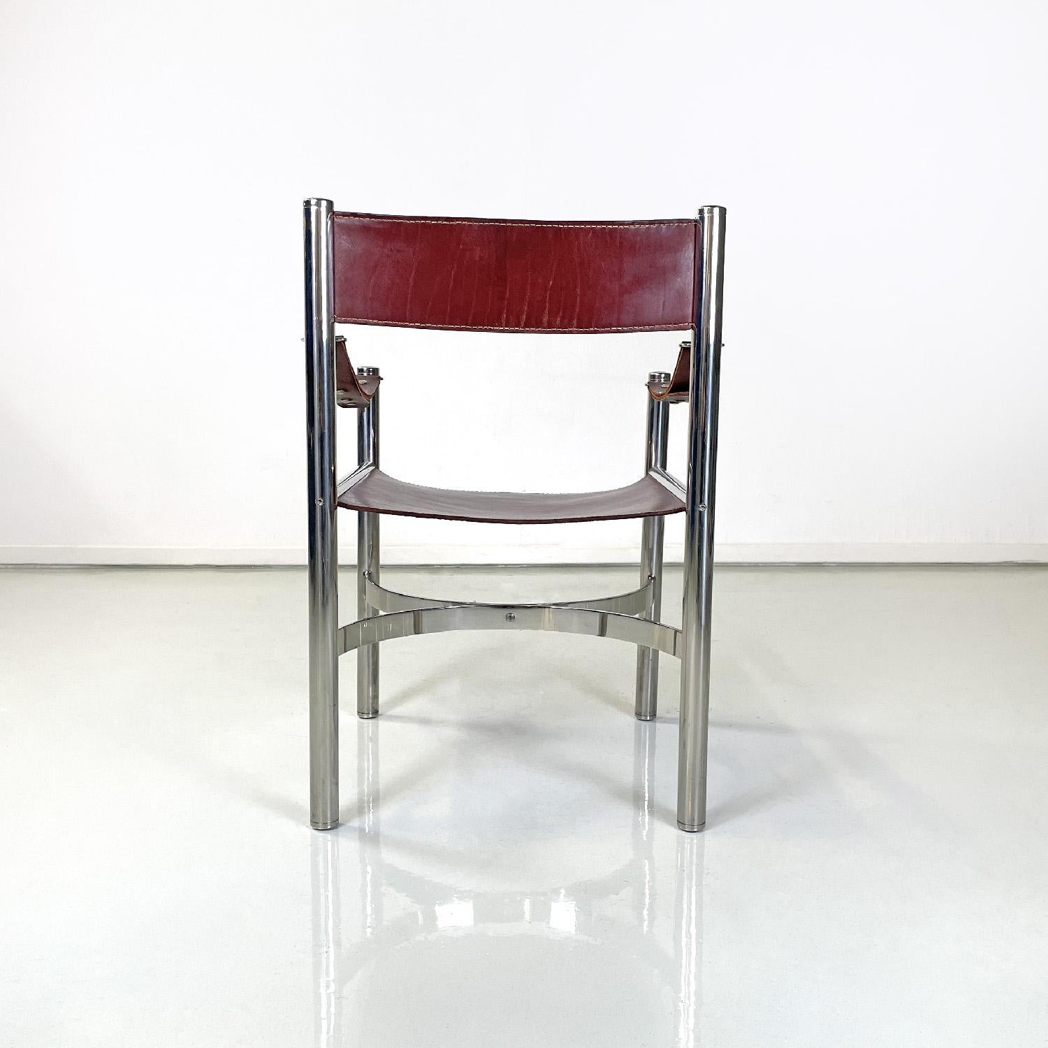 Leather Italian modern brown leather chairs with chromed steel structure by D.I.D, 1970s For Sale