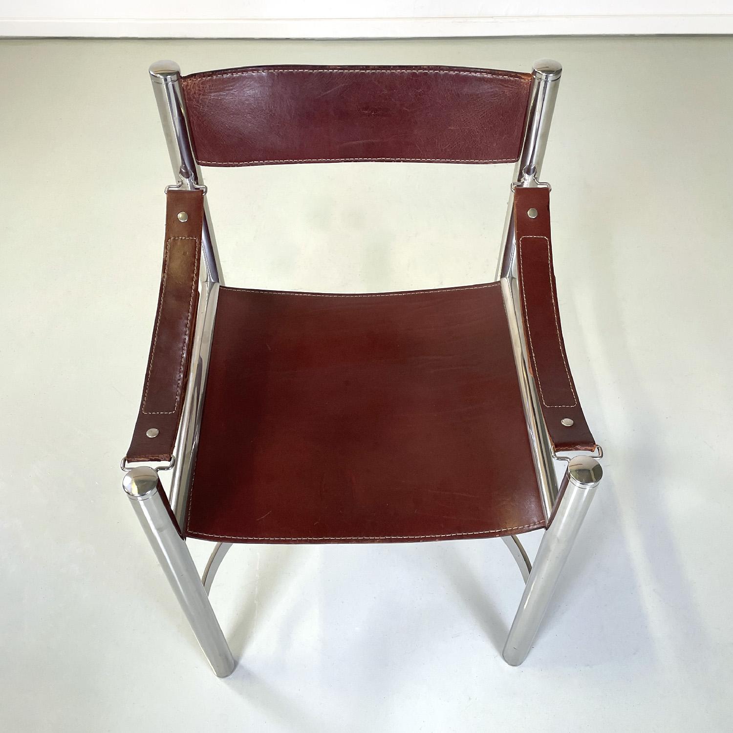 Italian modern brown leather chairs with chromed steel structure by D.I.D, 1970s For Sale 1