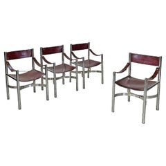 Used Italian modern brown leather chairs with chromed steel structure by D.I.D, 1970s