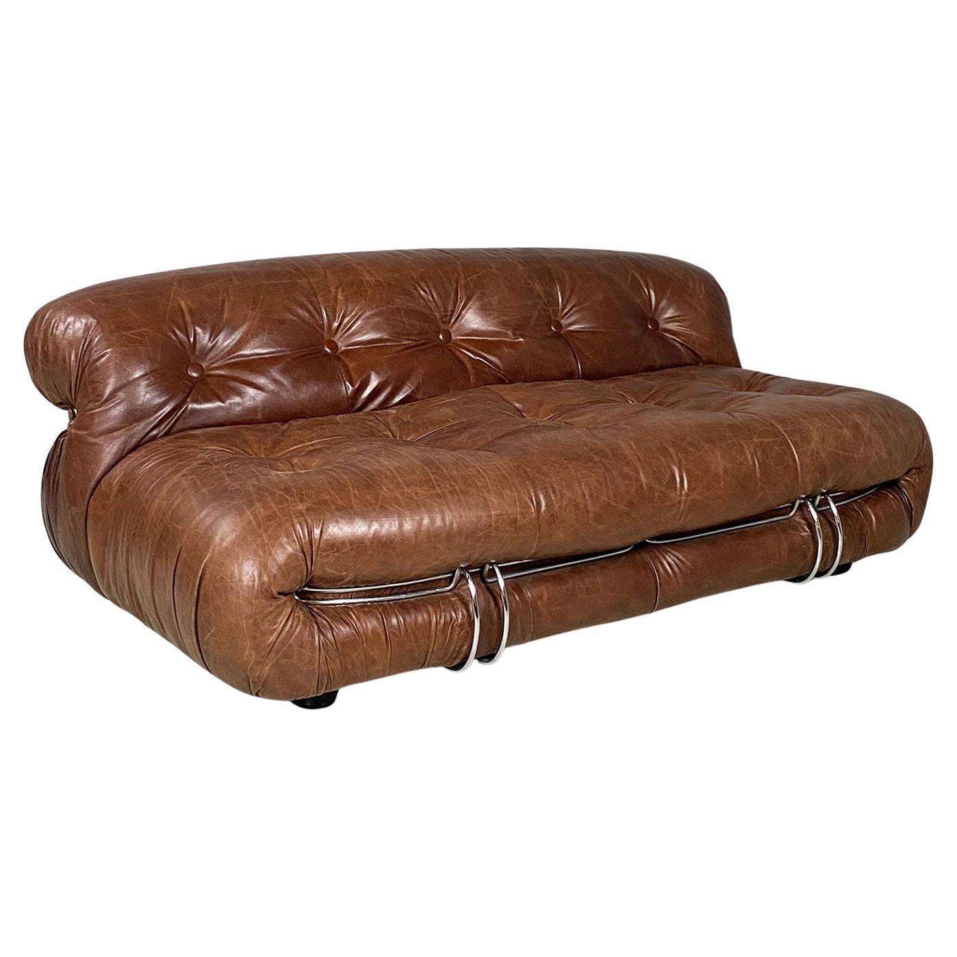 Canapé moderne italien en cuir brun Soriana par Afra & Tobia Scarpa, Cassina 1970