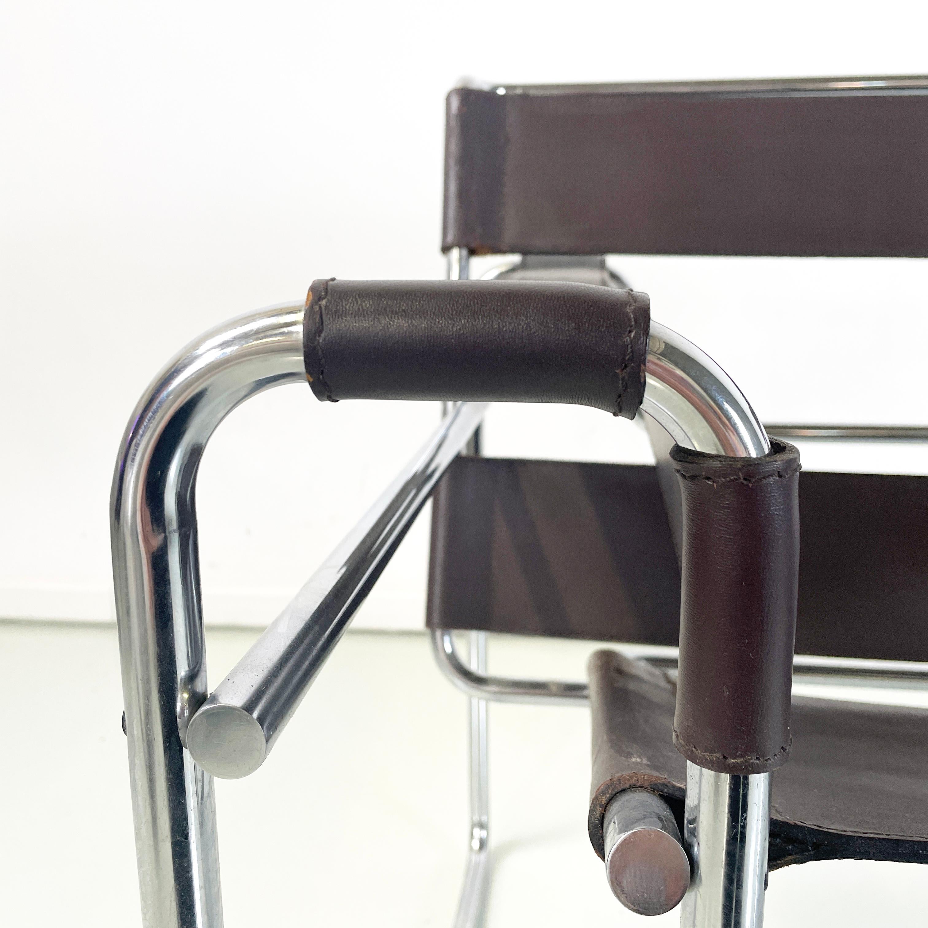 Italian modern Brown leather steel armchair Wassily by Breuer for Gavina, 1970s For Sale 4
