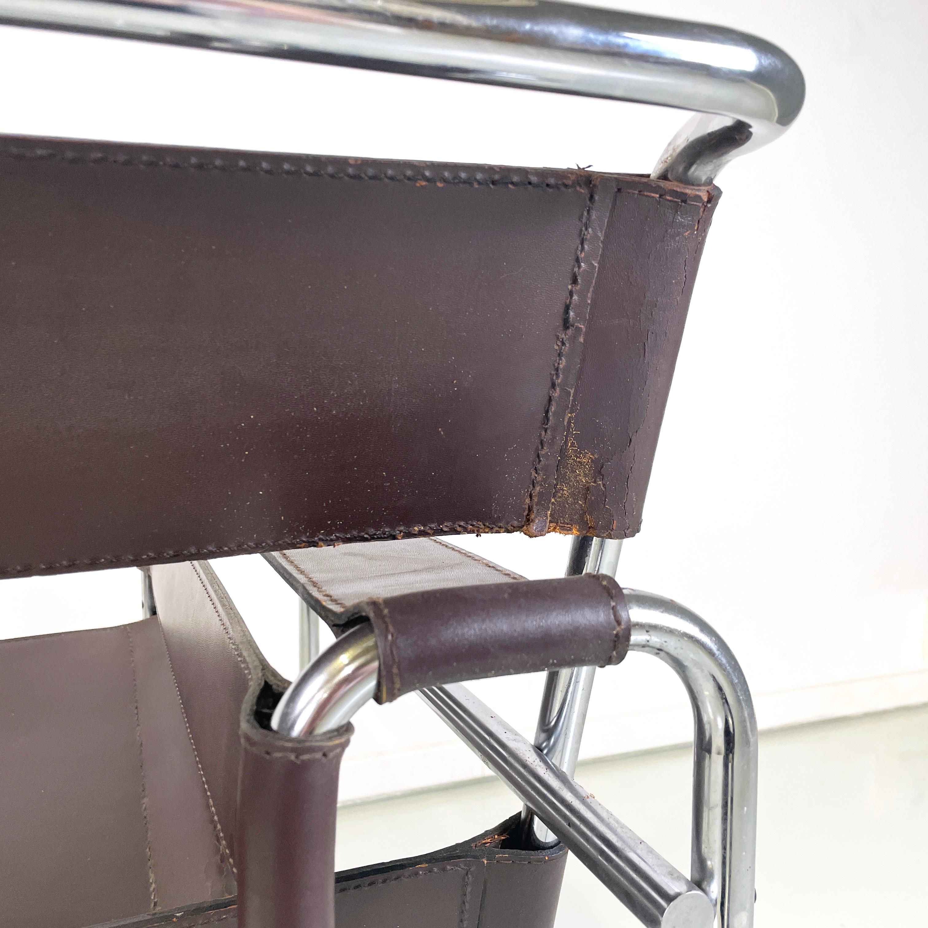 Italian modern Brown leather steel armchair Wassily by Breuer for Gavina, 1970s For Sale 10