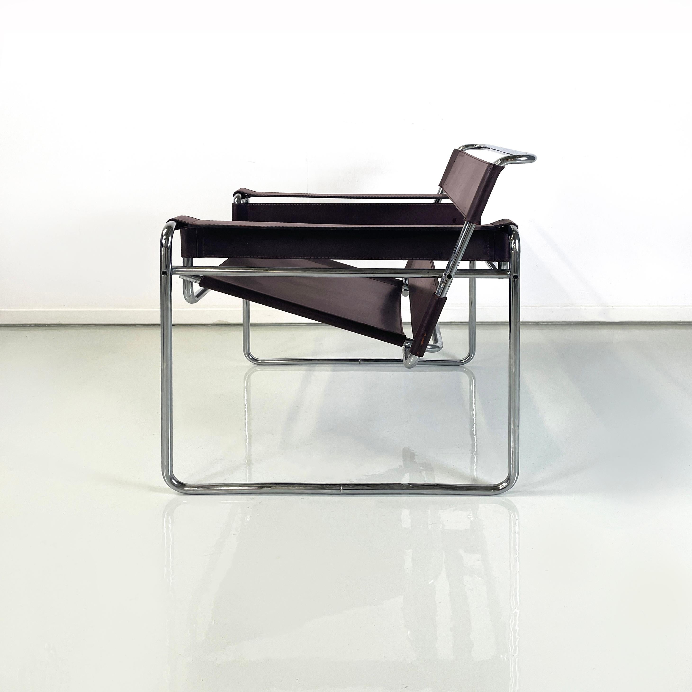 Modern Italian modern Brown leather steel armchair Wassily by Breuer for Gavina, 1970s For Sale