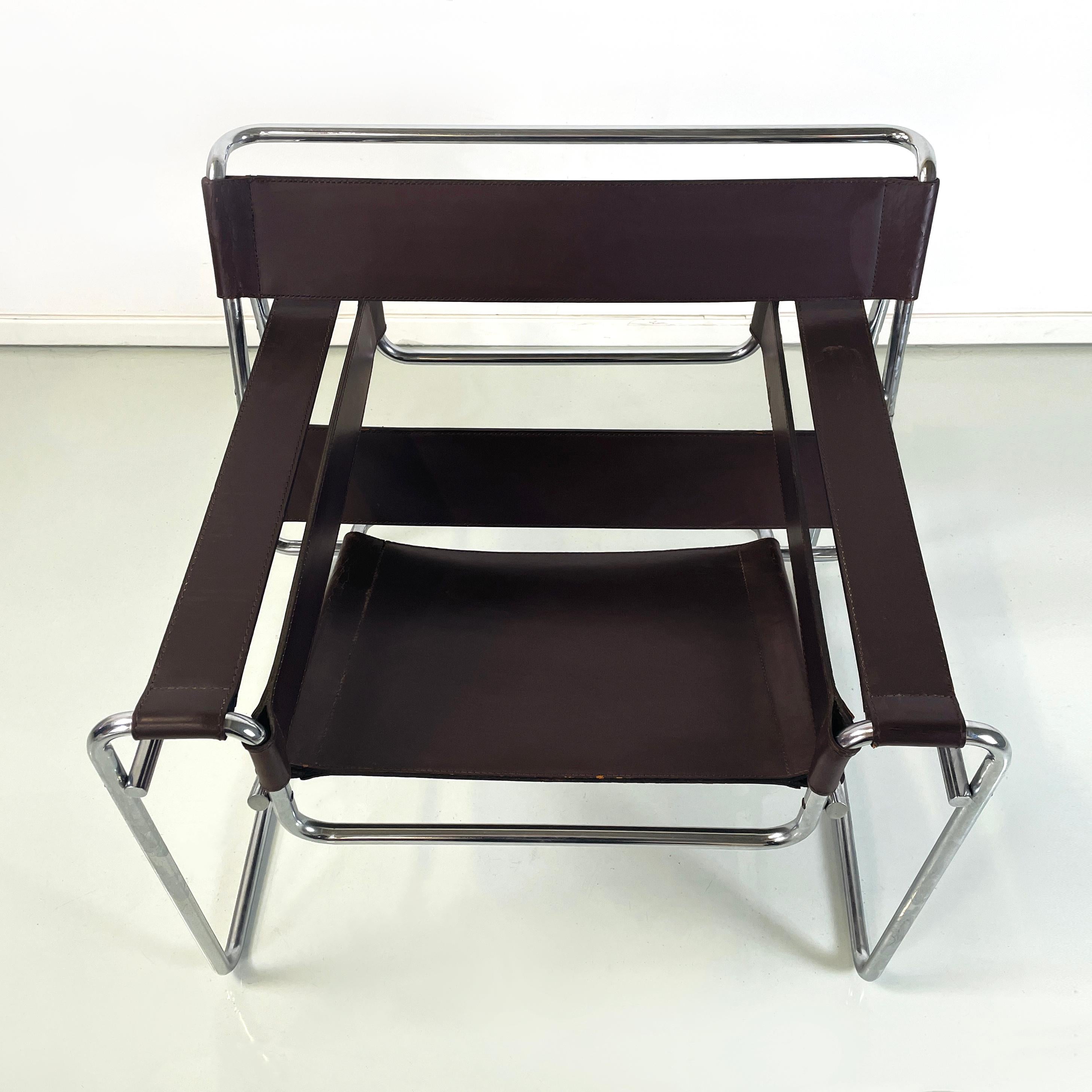 Steel Italian modern Brown leather steel armchair Wassily by Breuer for Gavina, 1970s For Sale