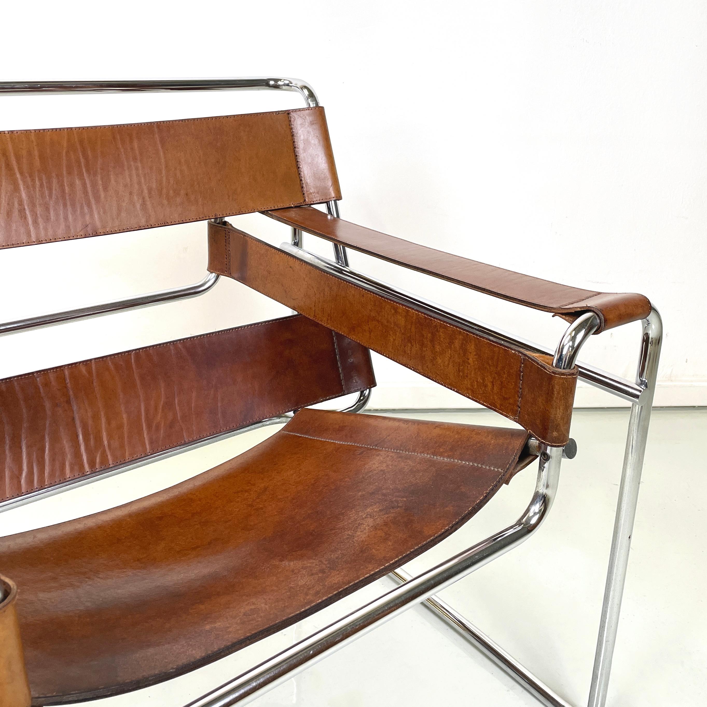 Italienische Moderne Brauner Leder-Stahl-Sessel Wassily von Breuer für Gavina, 1970er Jahre 3
