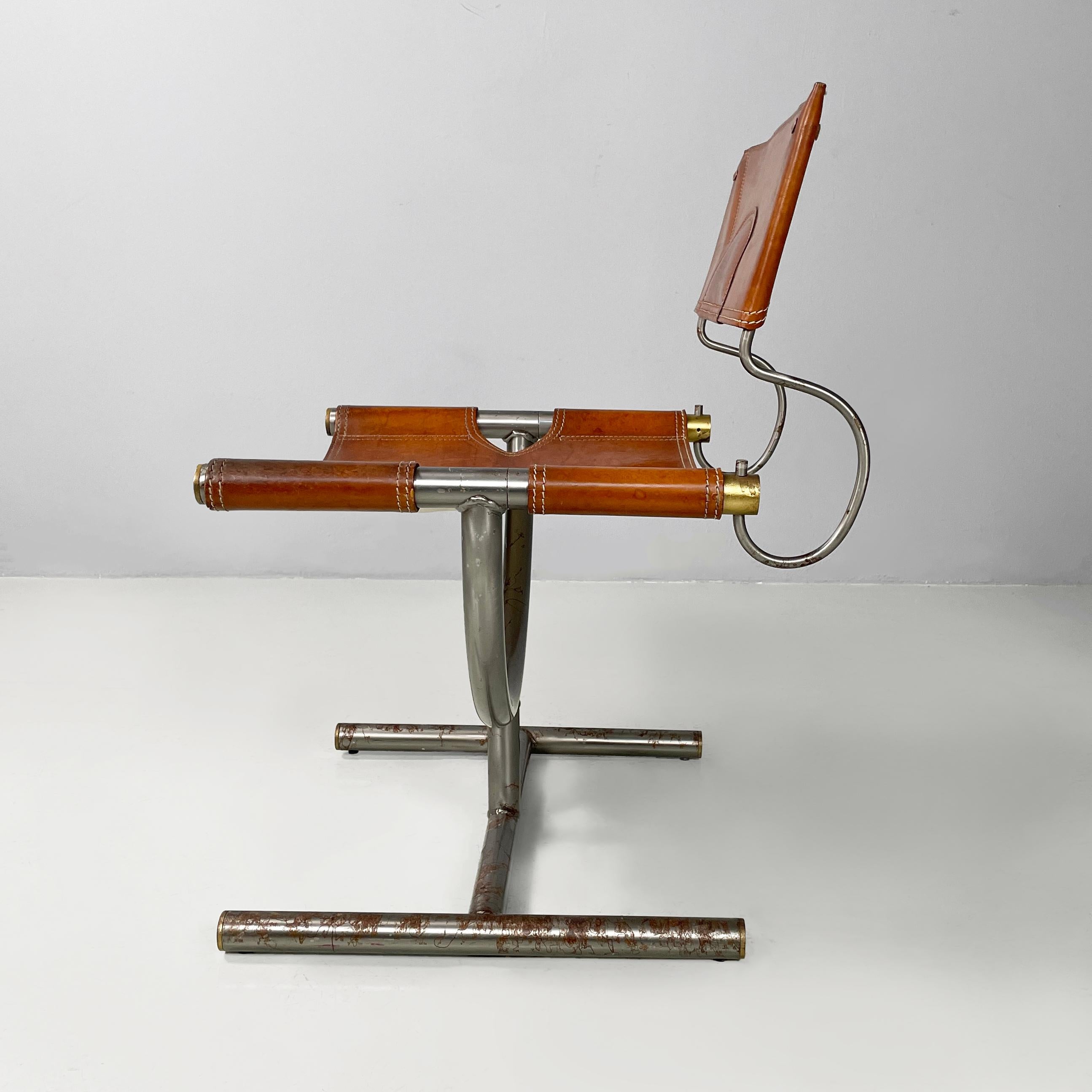 Moderno Italian modern brown leather steel chairs Benetton by Afra Tobia Scarpa, 1980s in vendita