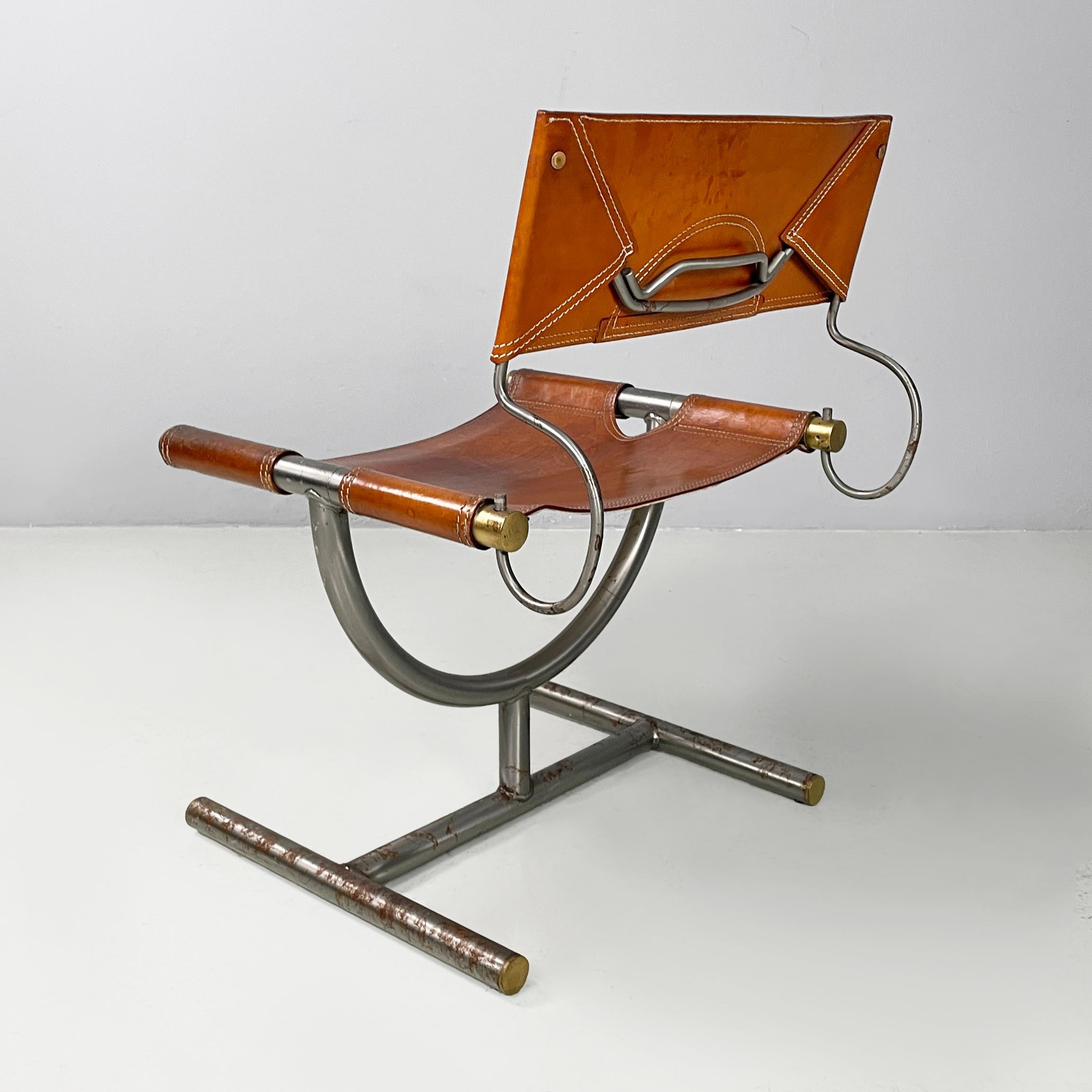 Italian modern brown leather steel chairs Benetton by Afra Tobia Scarpa, 1980s In condizioni discrete in vendita a MIlano, IT