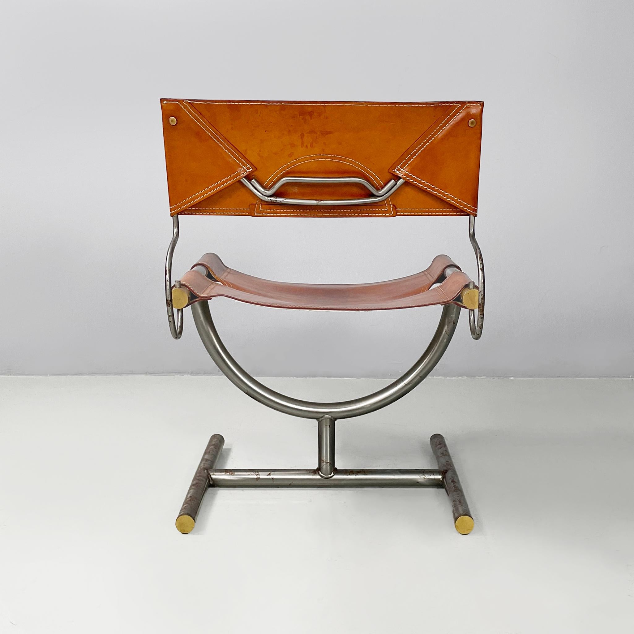 Late 20th Century Italian modern brown leather steel chairs Benetton by Afra Tobia Scarpa, 1980s in vendita