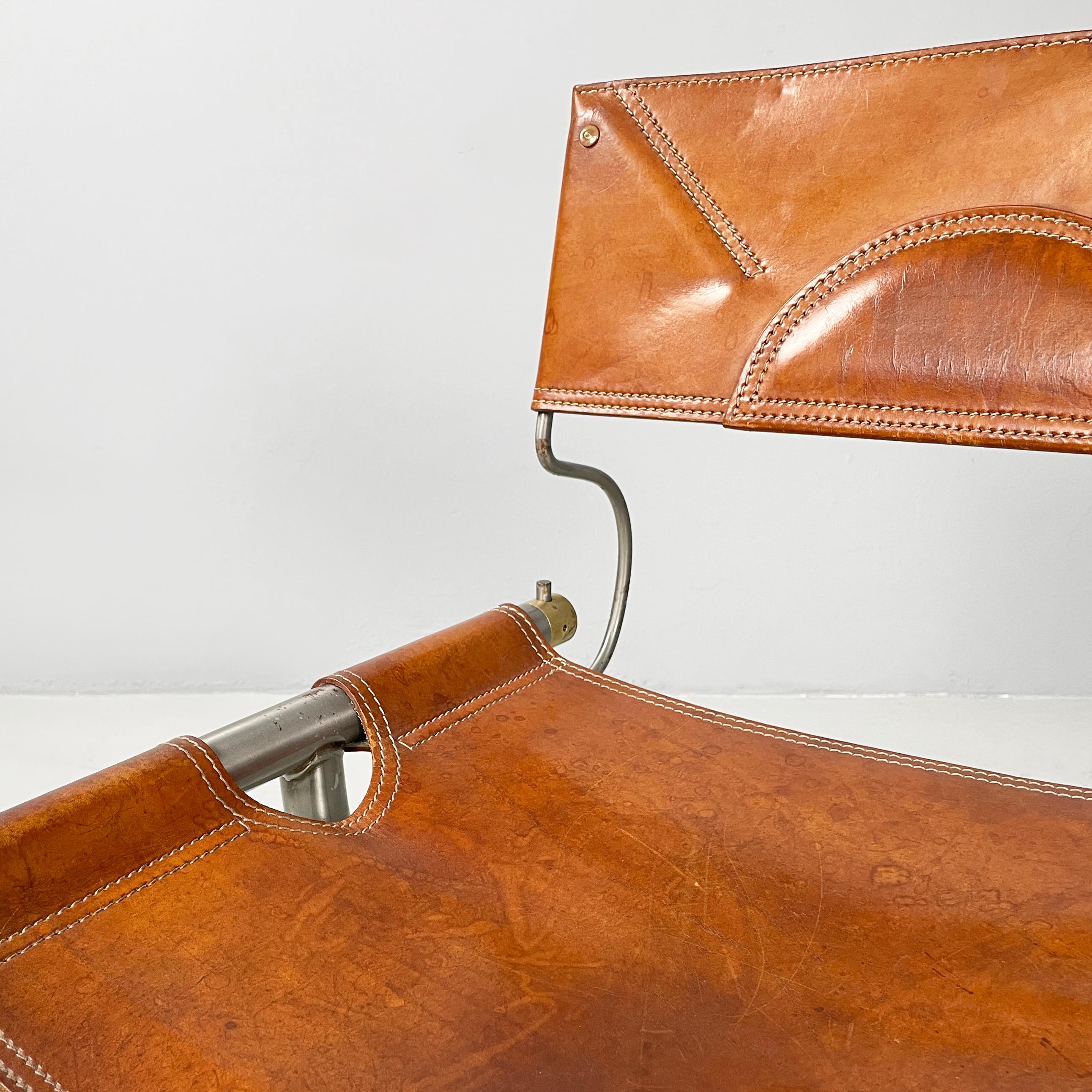 Metallo Italian modern brown leather steel chairs Benetton by Afra Tobia Scarpa, 1980s in vendita