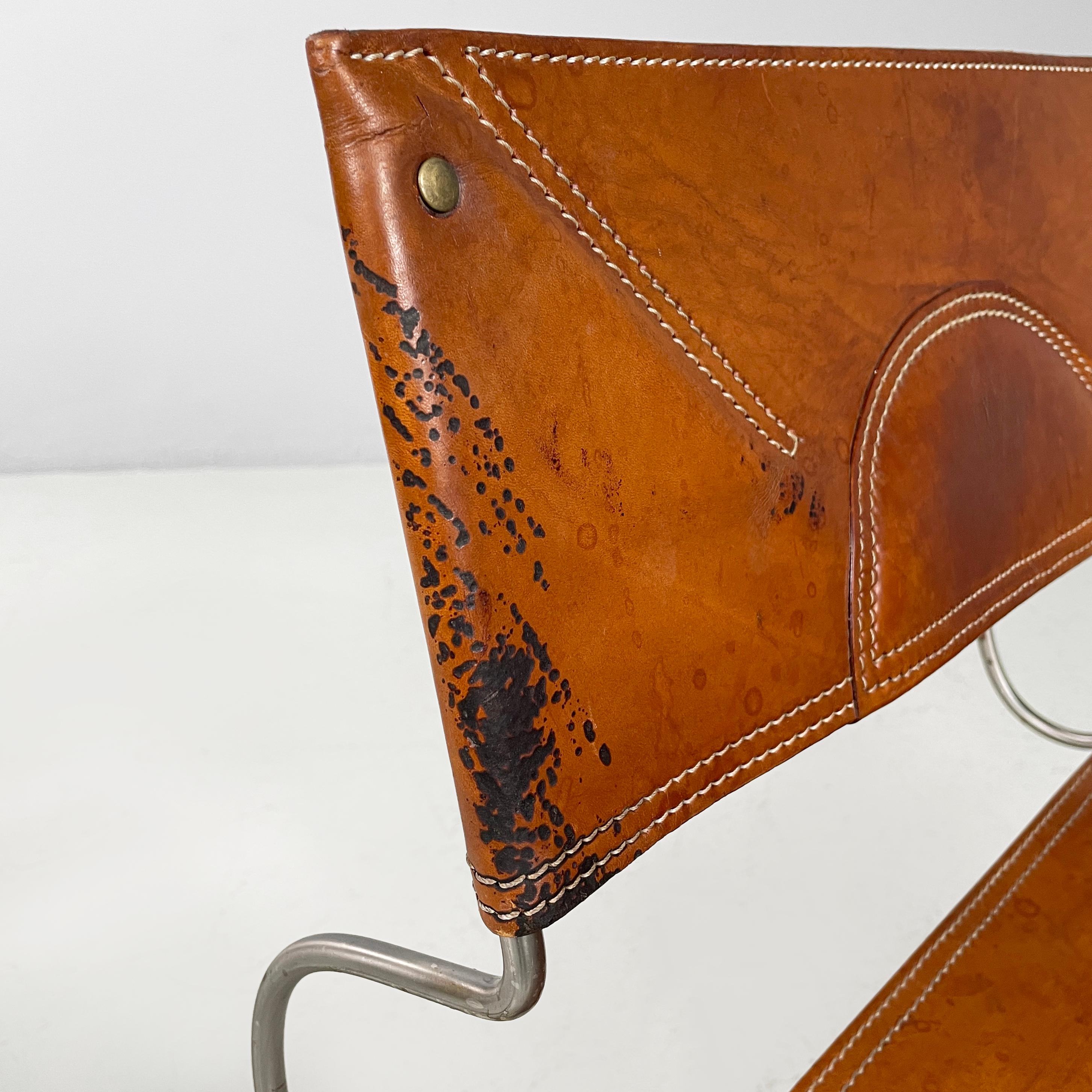 Italian modern brown leather steel chairs Benetton by Afra Tobia Scarpa, 1980s in vendita 1