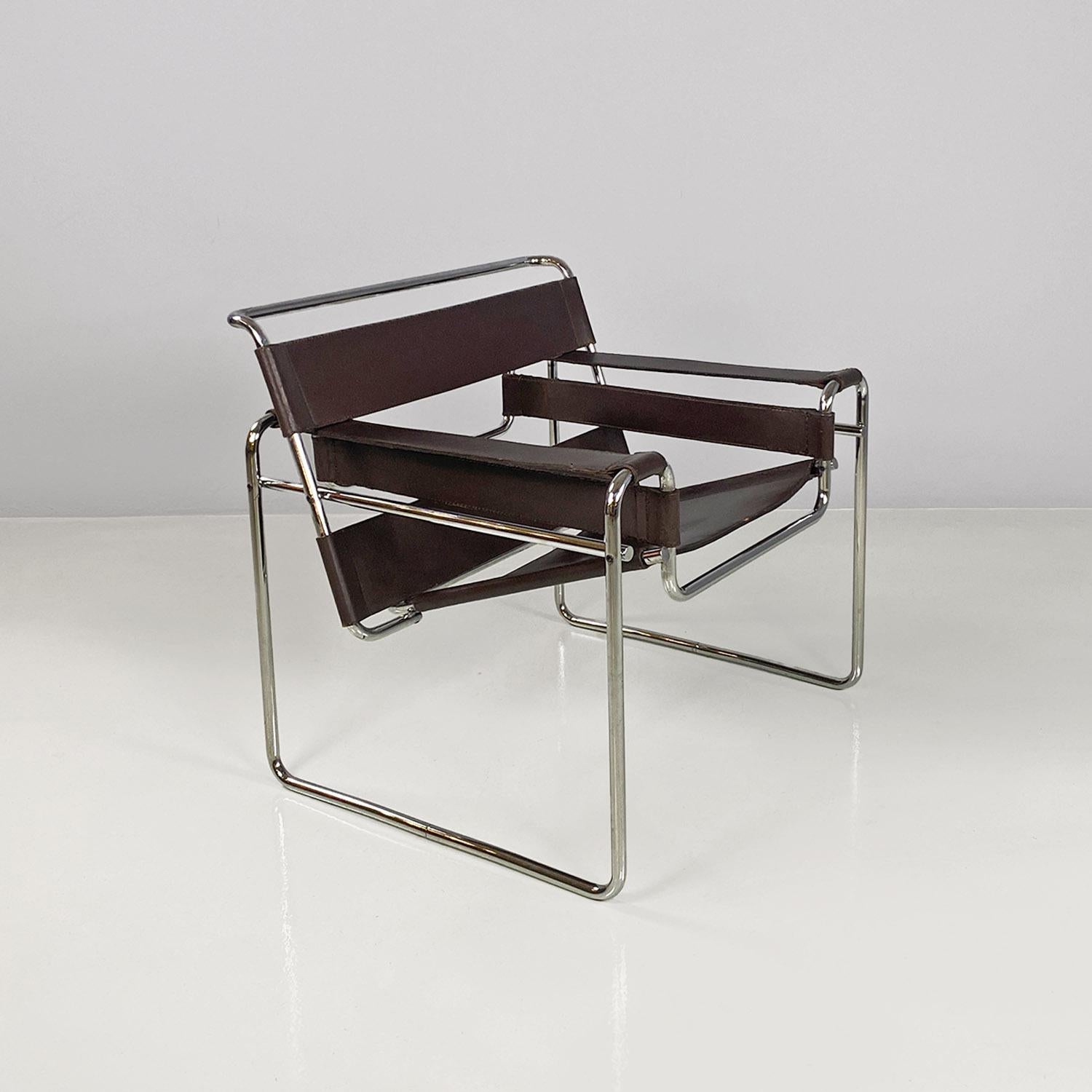 Iconic Italian modern brown leather Wassily armchair by Marcel Breuer for Gavina, 1970s
Wassily or B3 model armchair, with chromed tubular steel structure. The seat, armrests and backrest are made up of bands entirely in dark brown leather, with