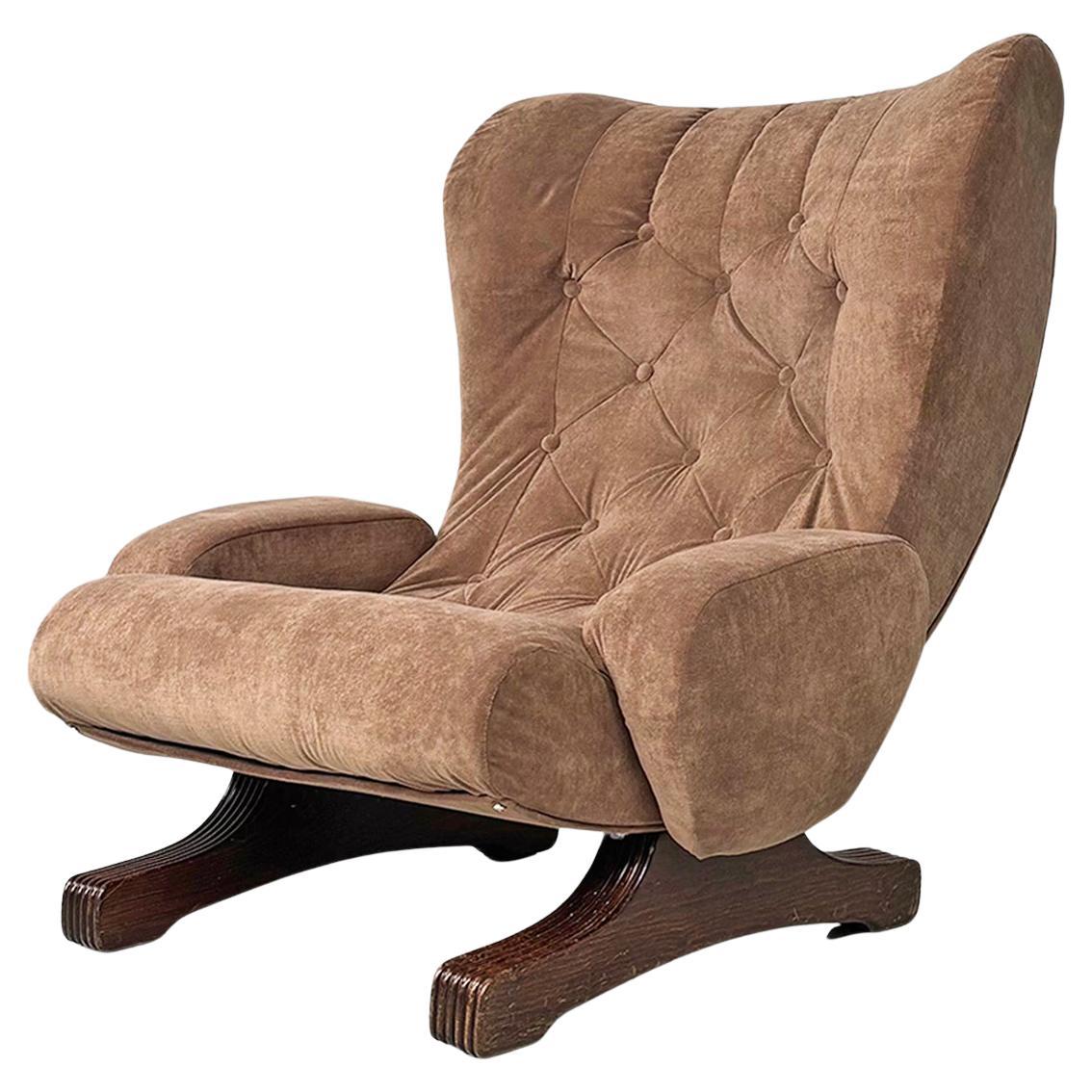 Fauteuil moderne italien en bois de velours brun Guido Bonzanini Tecnosalotti, 1970