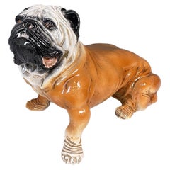 Italian Modern Brown White Black Ceramic Sculture of Sitting Bulldogge Dog, 1970