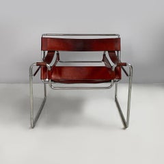 Italian modern burgundy leather armchair Wassily by Marcel Breuer Gavina, 1960s