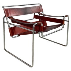 Italian modern burgundy leather armchair Wassily by Marcel Breuer Gavina, 1960s
