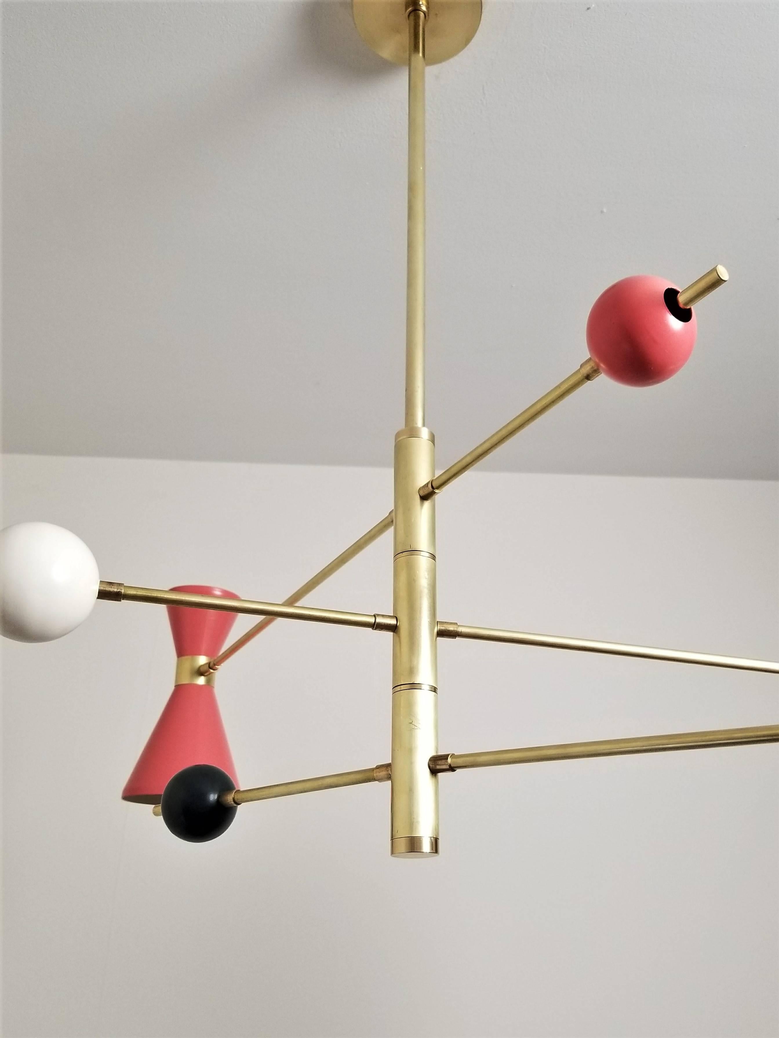 Mid-Century Modern Italian Modern Campana Three-Tier Pendant in Brass & Enamel, Blueprint Lighting For Sale
