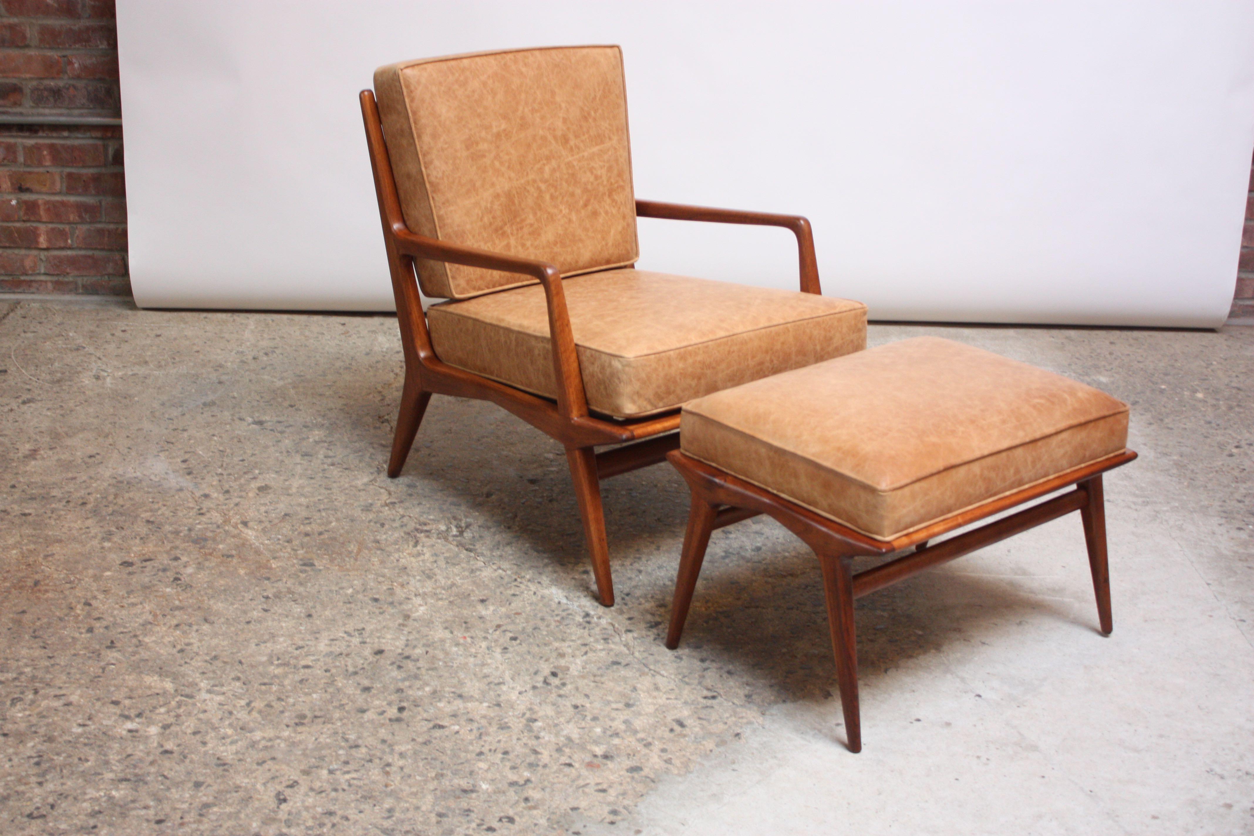 italien Chaise Longue et Pouf Carlo de Carli en Noyer et Cuir de Style Italien Moderne en vente