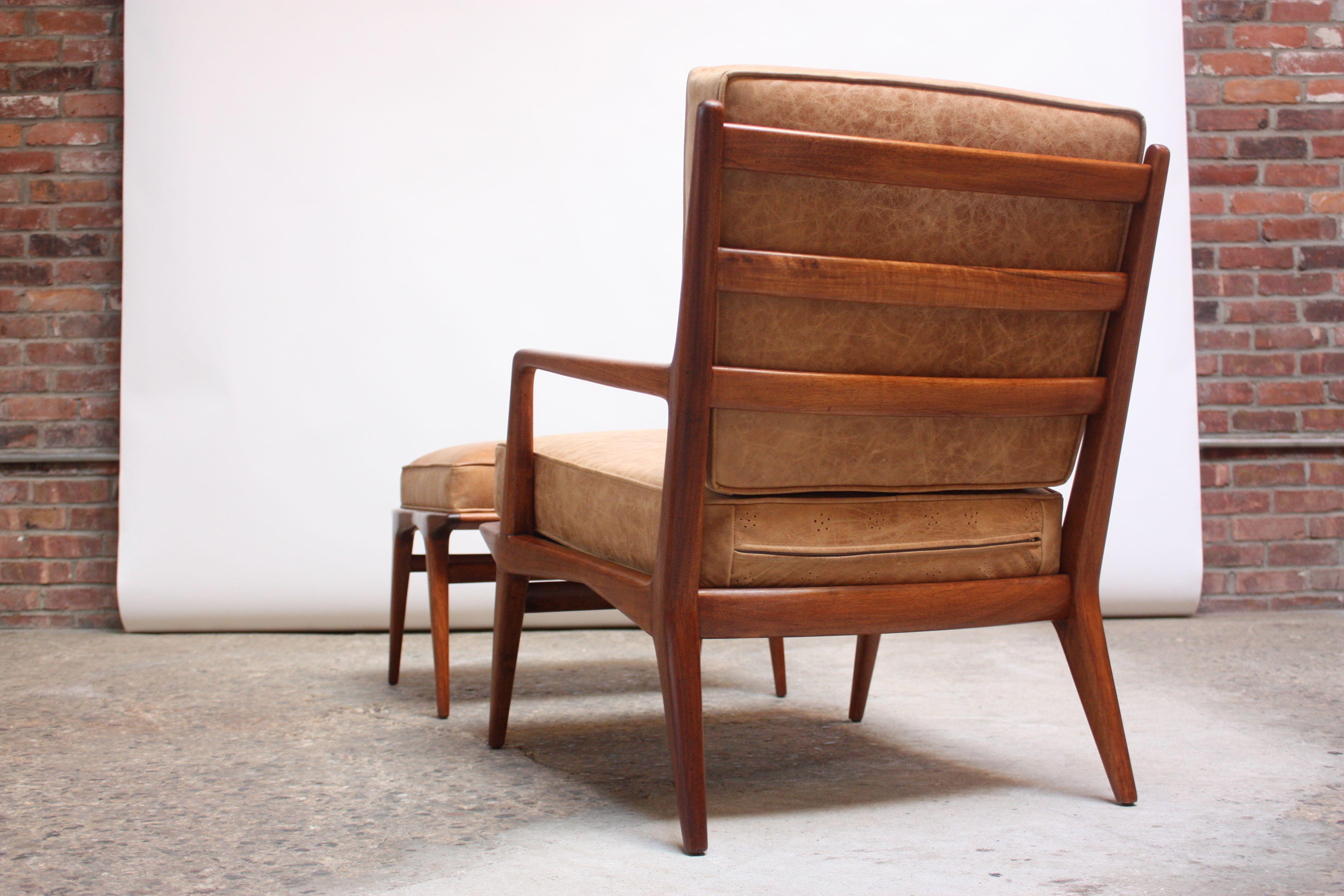 Metal Italian Modern Carlo de Carli Lounge Chair and Ottoman in Walnut and Leather For Sale