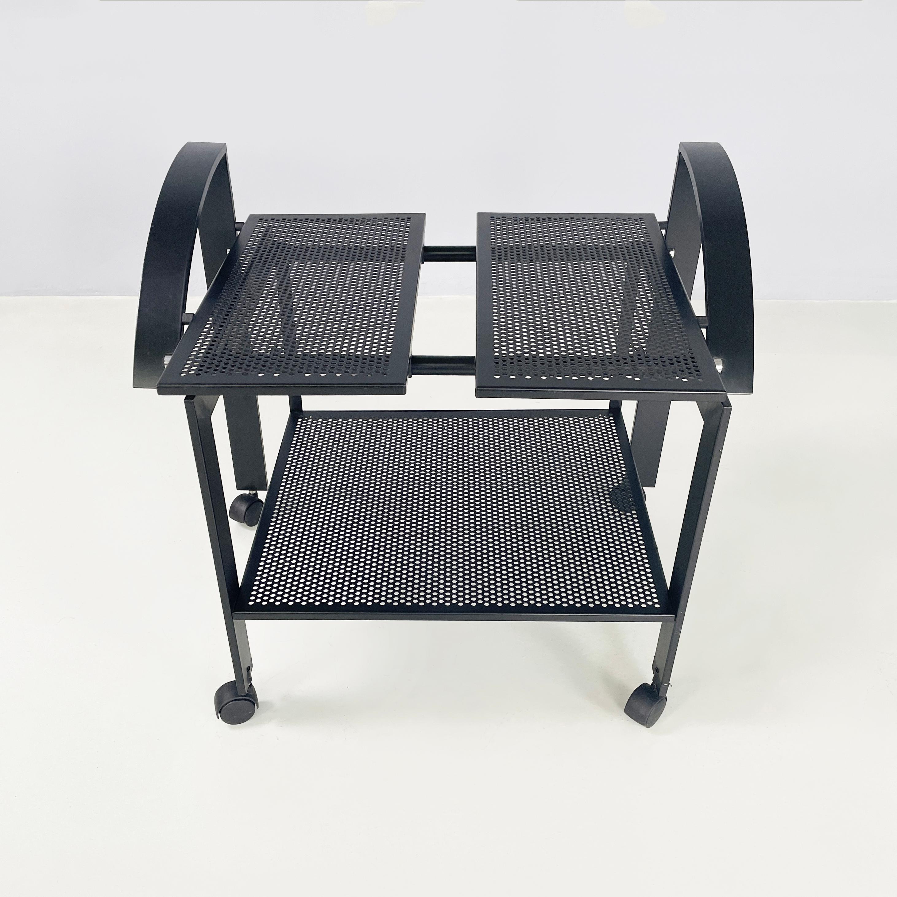 Modern Italian modern Cart with 2 tops in black perforated metal, 1980s For Sale