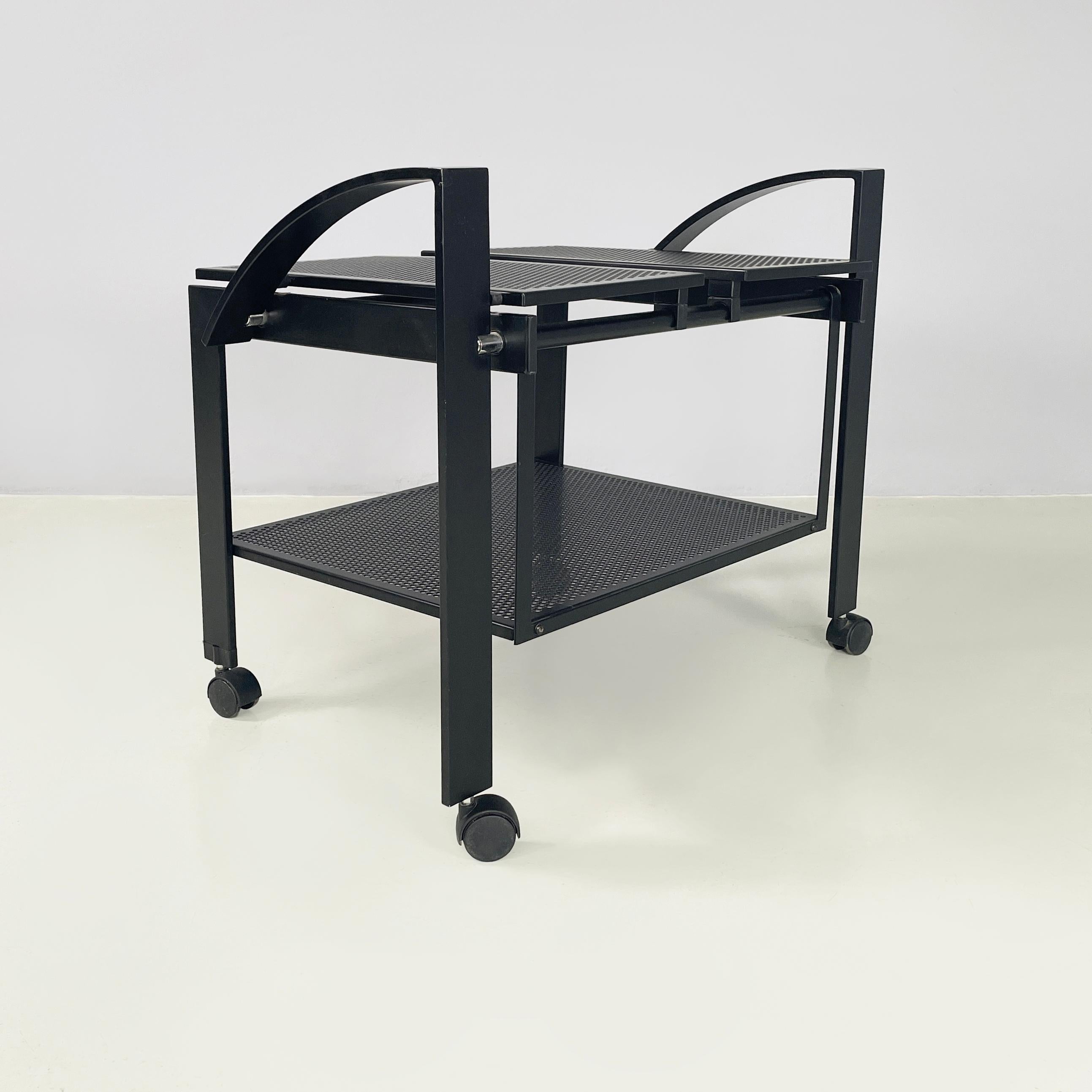 Late 20th Century Italian modern Cart with 2 tops in black perforated metal, 1980s For Sale