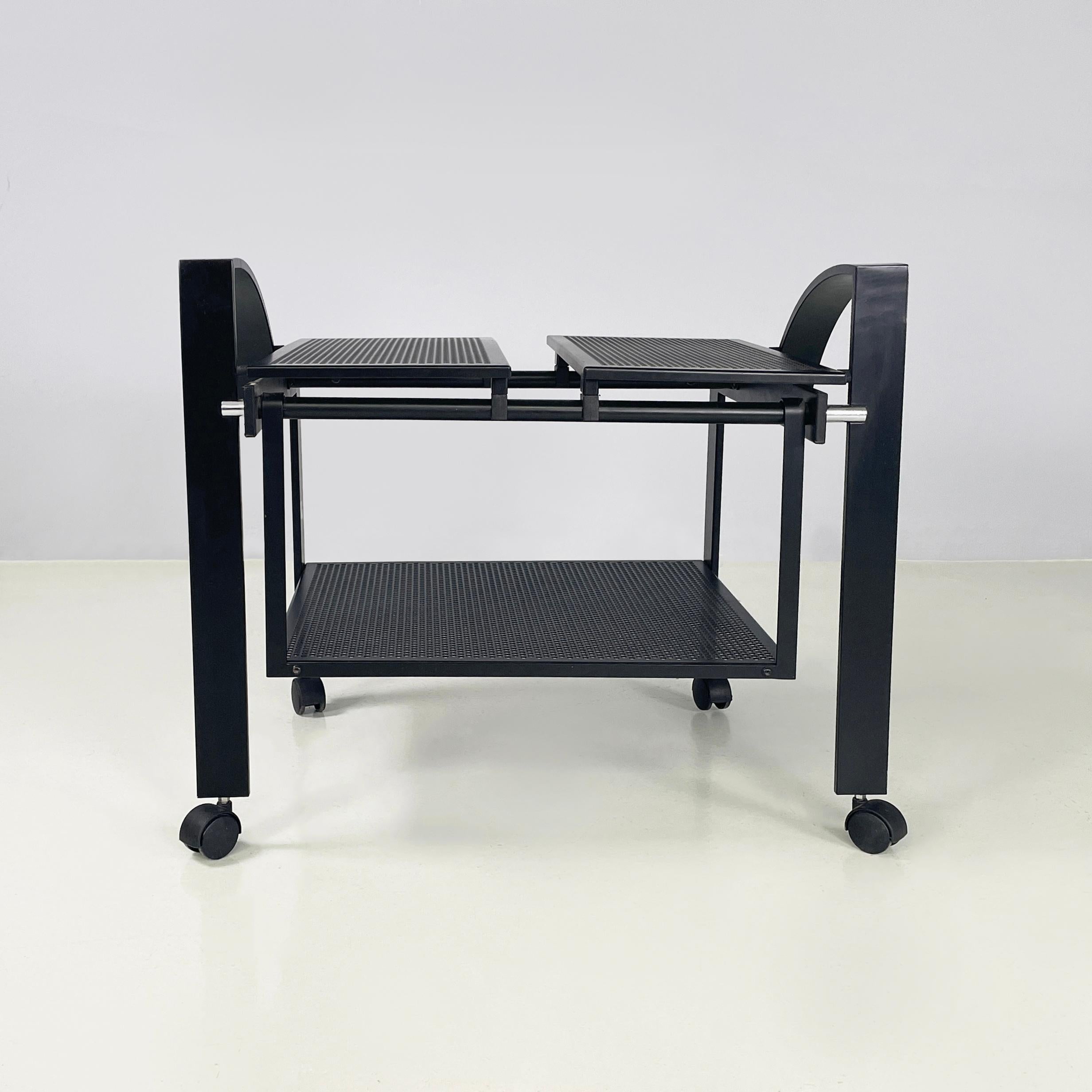 Metal Italian modern Cart with 2 tops in black perforated metal, 1980s For Sale