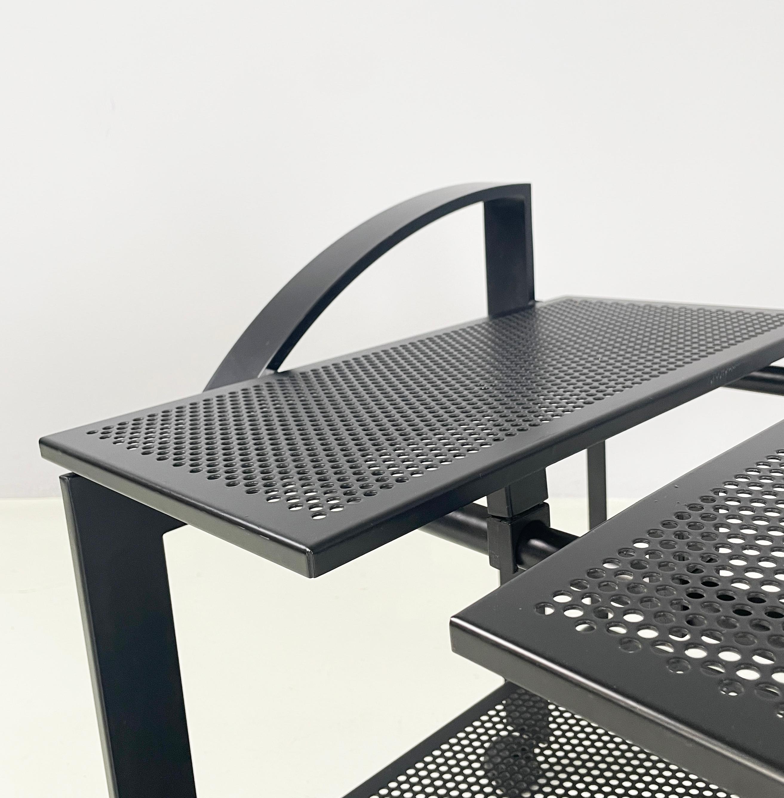 Italian modern Cart with 2 tops in black perforated metal, 1980s For Sale 1