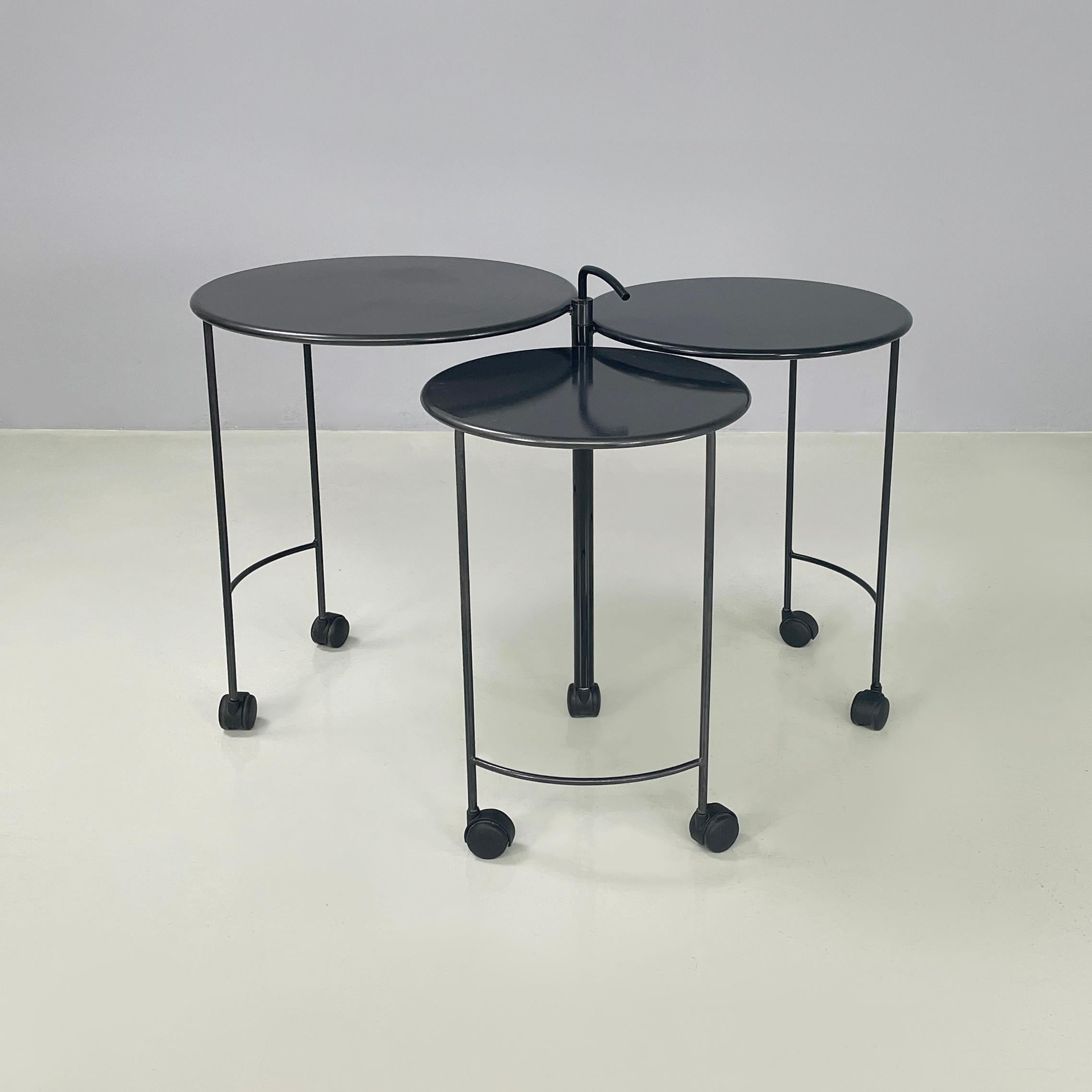 Modern Italian modern Cart with 3 round tops in black metal, 1980s For Sale