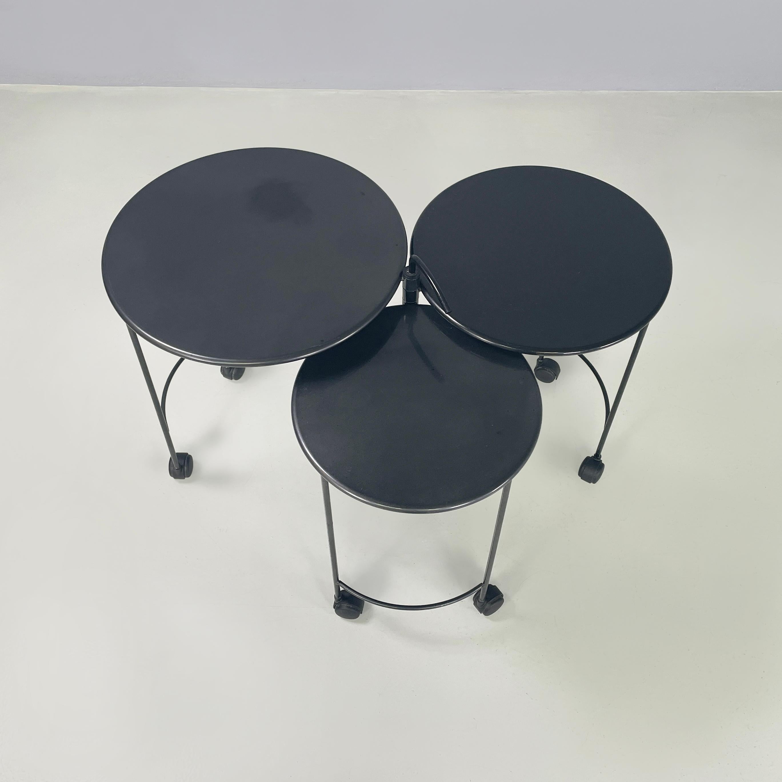 Metal Italian modern Cart with 3 round tops in black metal, 1980s For Sale