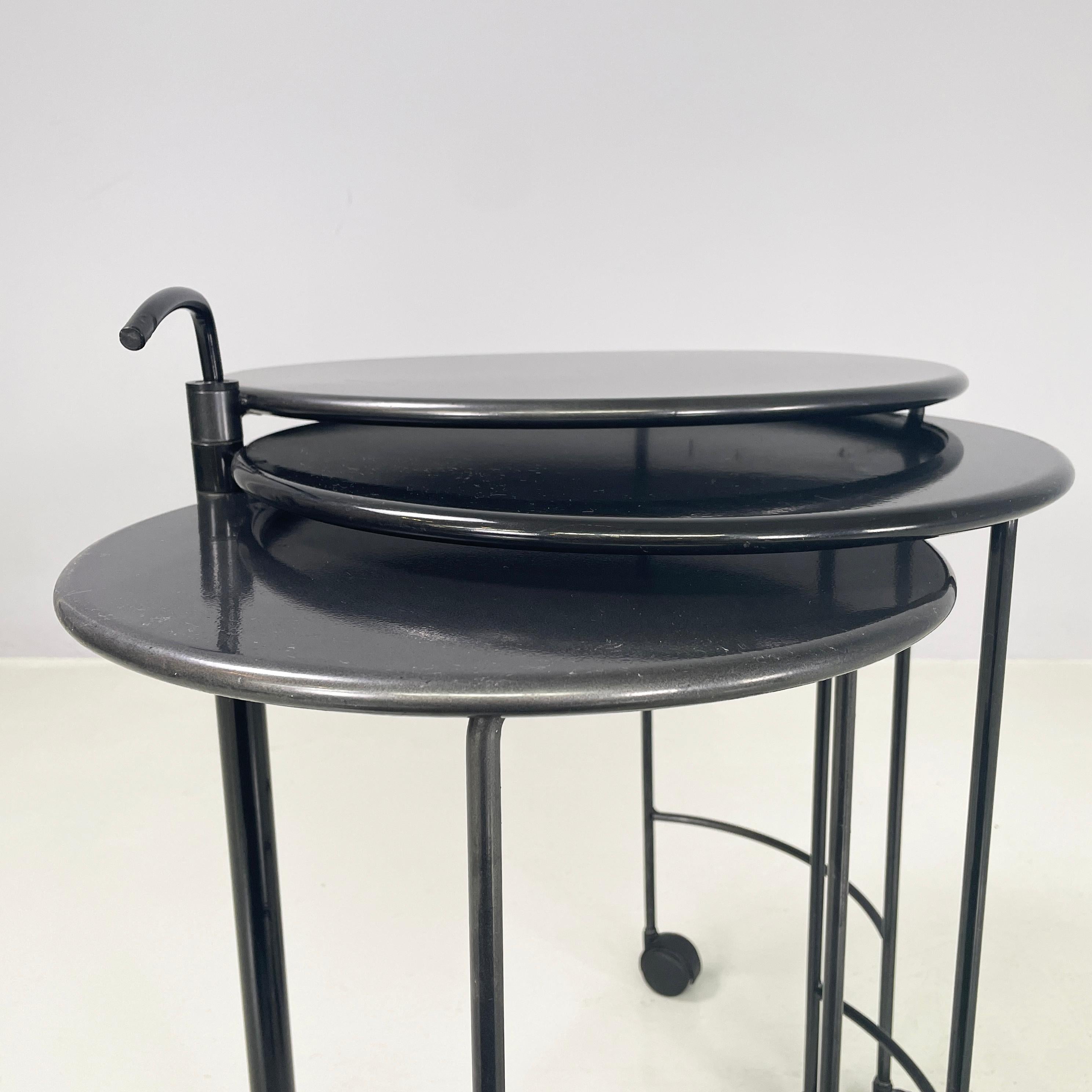 Italian modern Cart with 3 round tops in black metal, 1980s For Sale 1