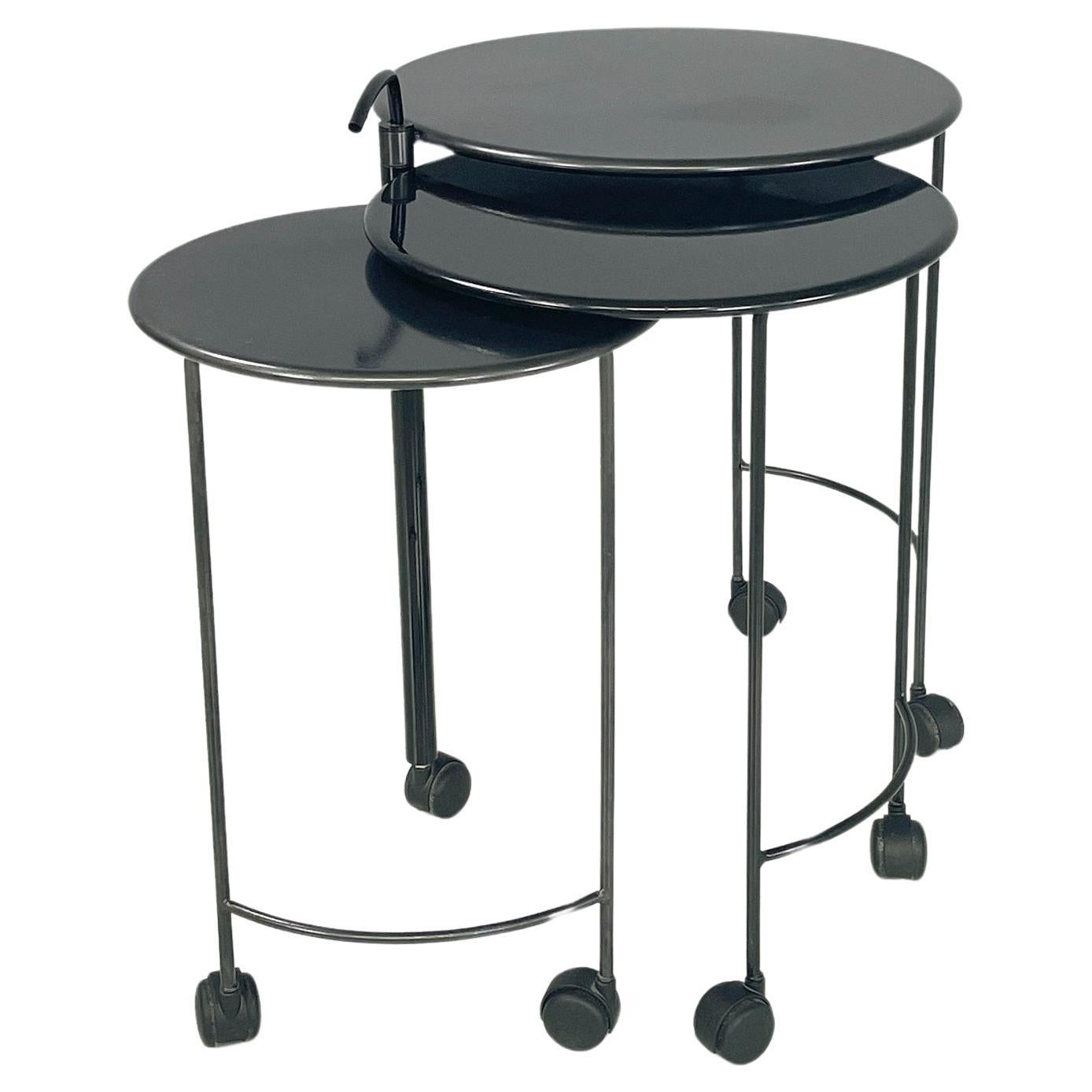 Italian modern Cart with 3 round tops in black metal, 1980s For Sale