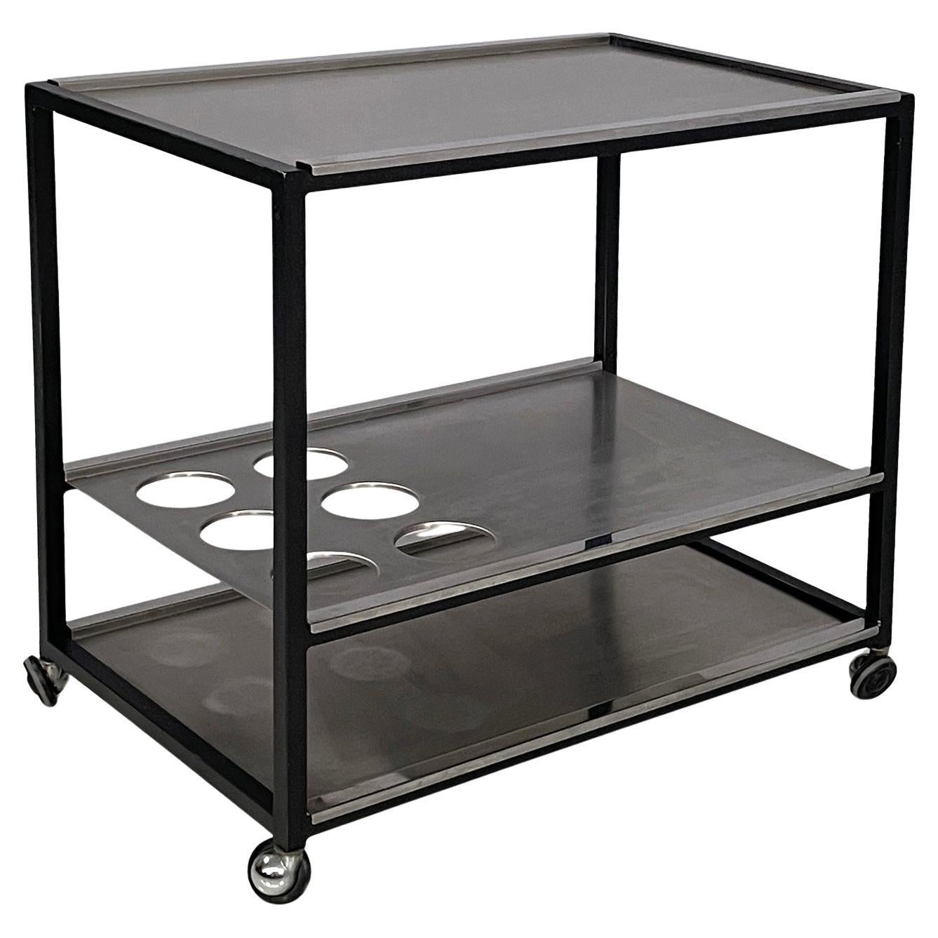 Italian modern cart with bottle holder in steel and black metal, 1980s