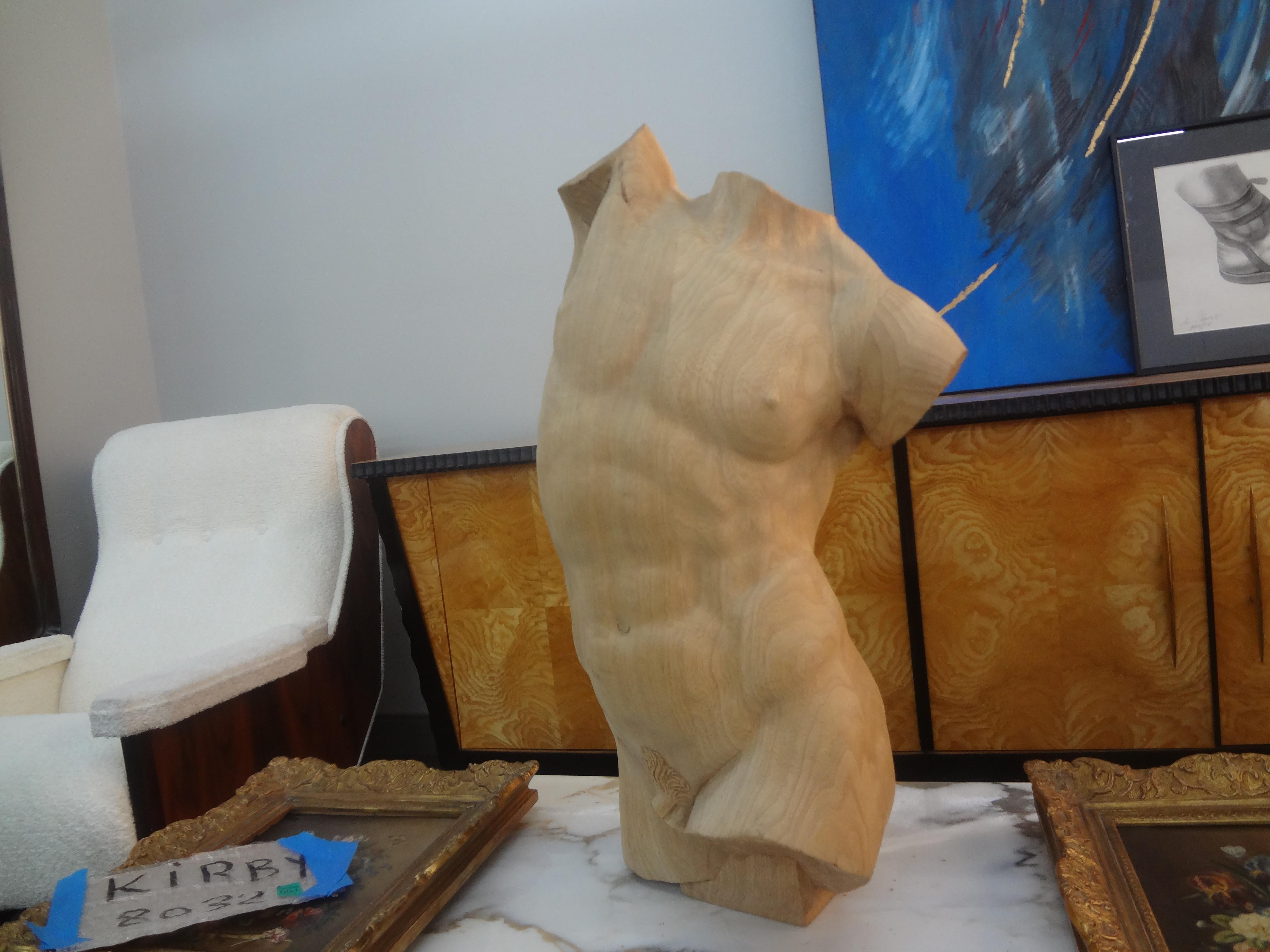 Italian Modern Carved Wood Male Torso In Good Condition For Sale In Houston, TX
