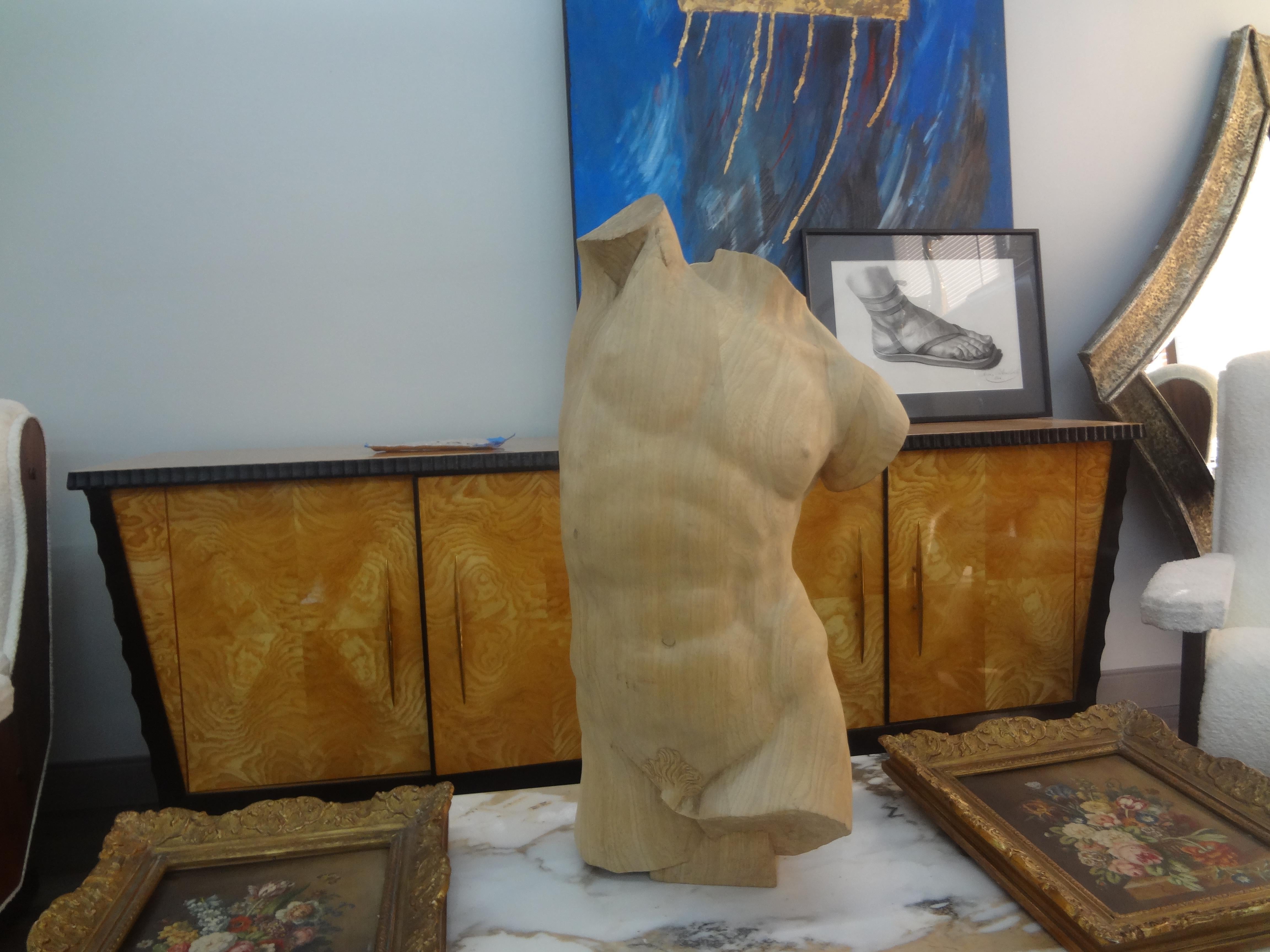 Italian Modern Carved Wood Male Torso For Sale 3