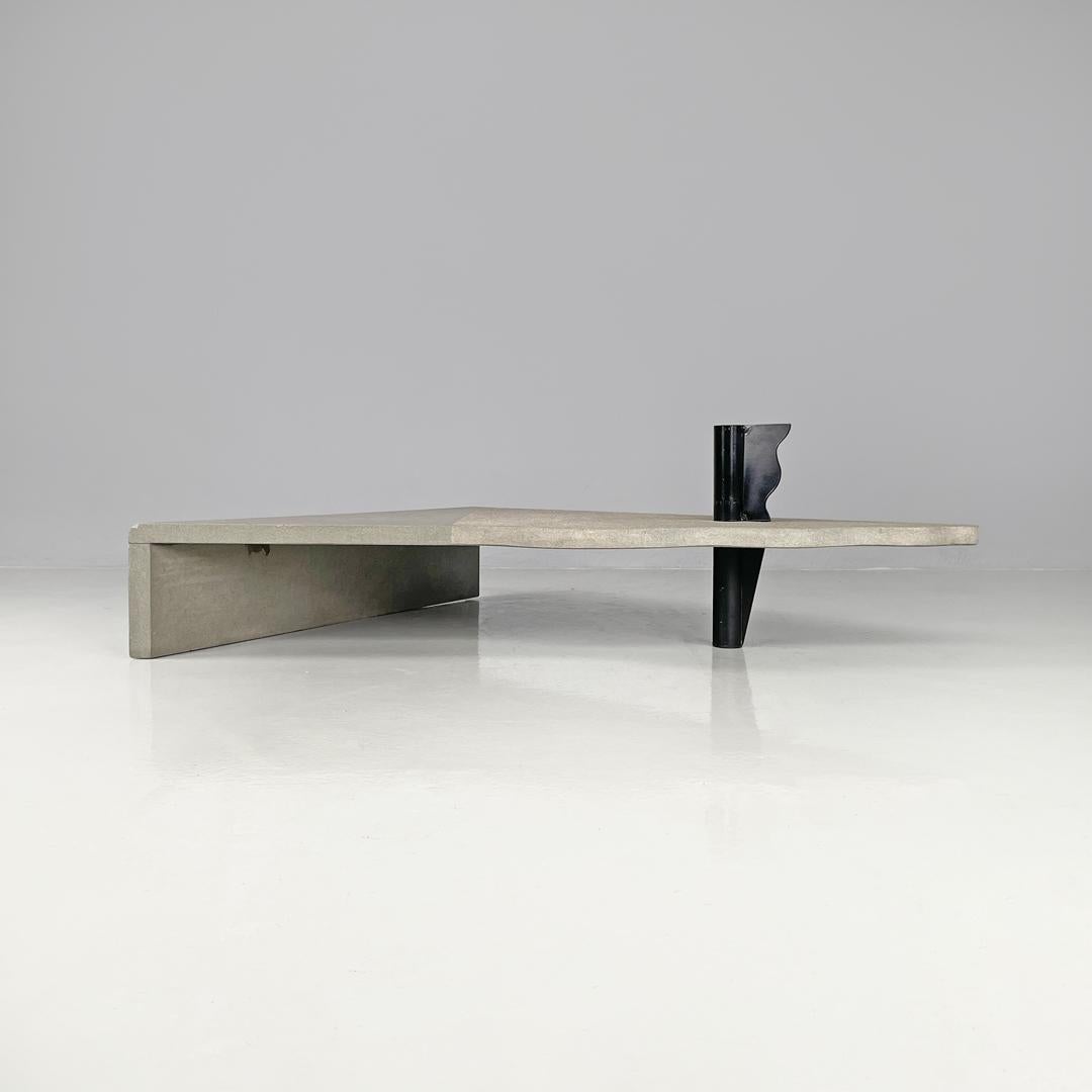 Modern Italian modern cement and black metal wavy triangular coffee table, 1980s For Sale