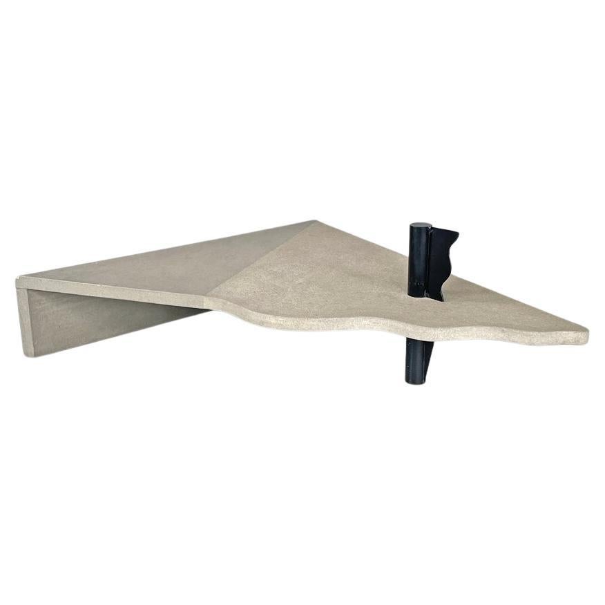 Italian modern cement and black metal wavy triangular coffee table, 1980s For Sale