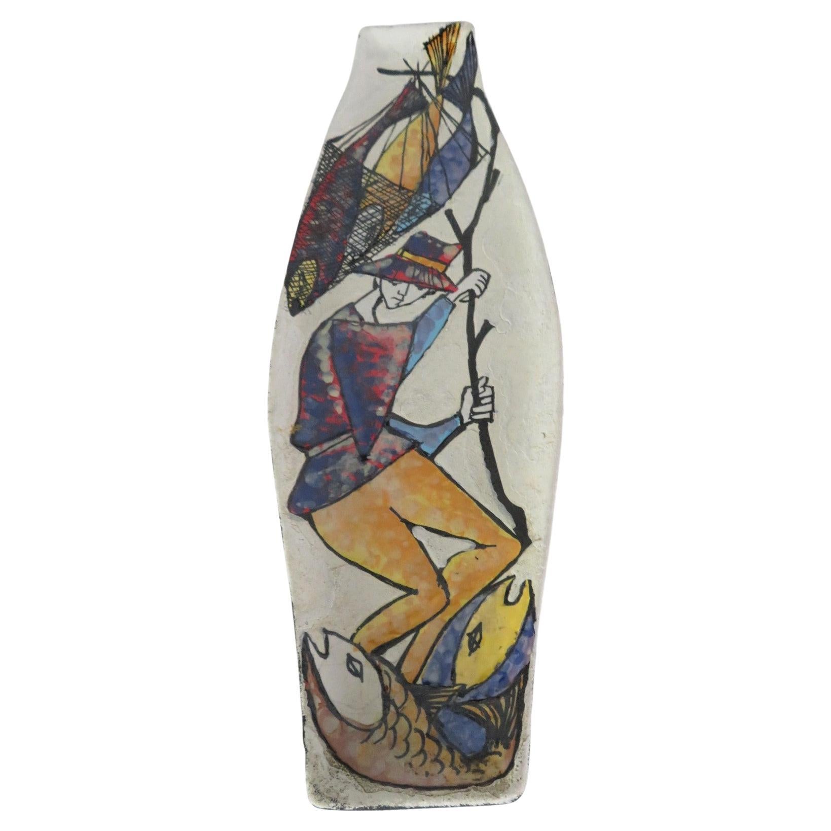 REDUCED FROM $300....Modernist depiction of a Fisherman and His Catch on this 1960s colorful Italian Ceramic Wall plaque.  A combination of glossy glaze decoration on a textured satin grayish background while the back is completely glazed flat