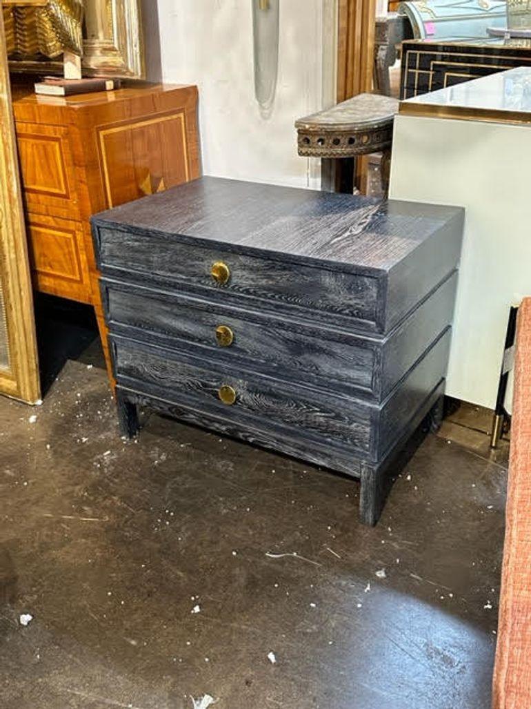 Handsome modern Italian cerused oak side tables with 3 drawers. Nice clean lines and a beautiful finish. Note:The price listed is for 1 chest.