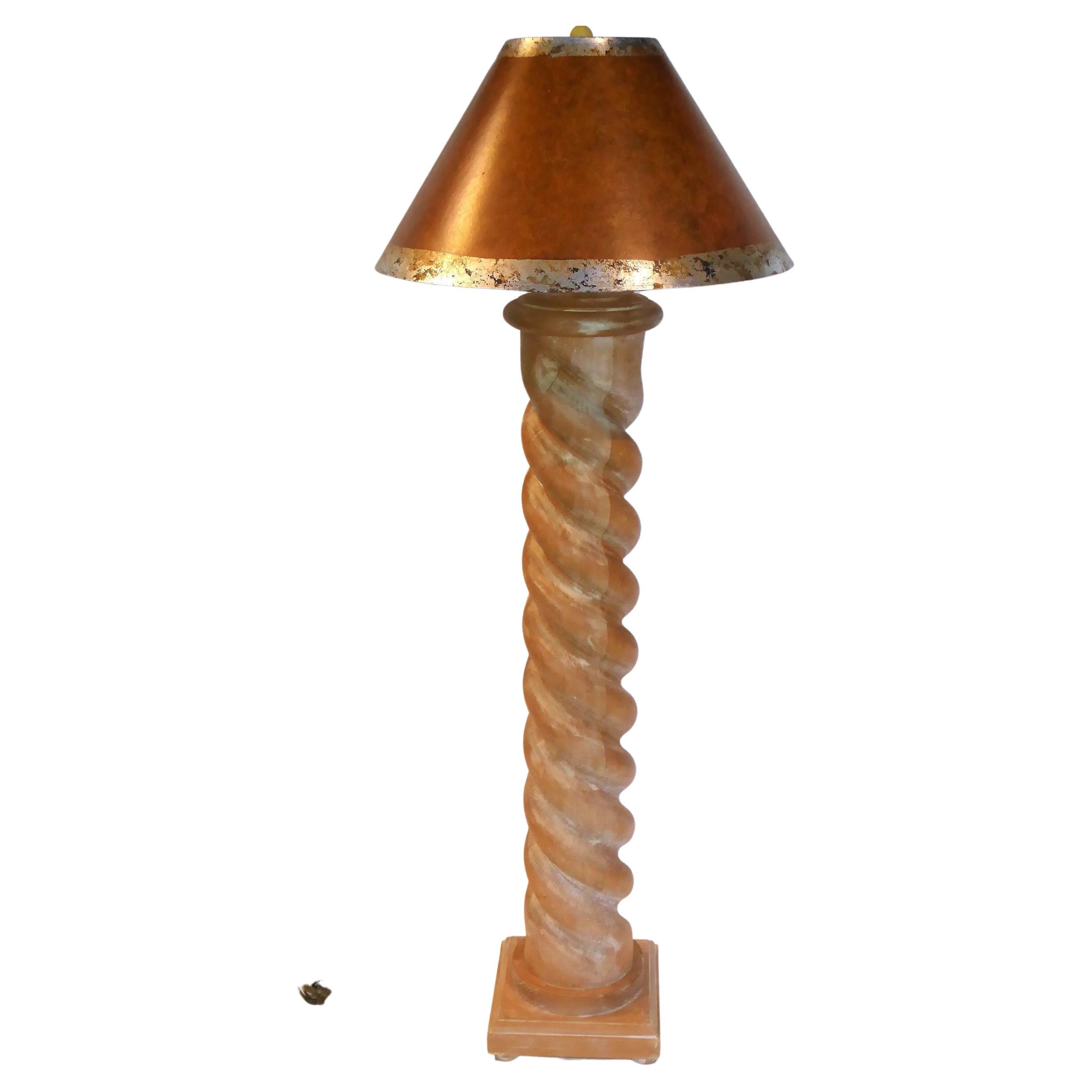 Impressive scale in this fat Barley Twist columnar oak floor lamp made in Italy in the 60s. At the top a round stepped capital, the carved Solomonic column twirls down and sits on an 11
