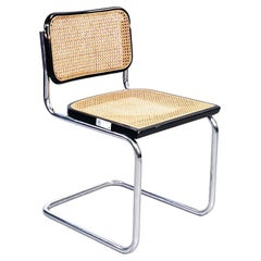 Italian Modern Cesca Style Chair in Straw, Metal and Glossy Black Wood, 1970s