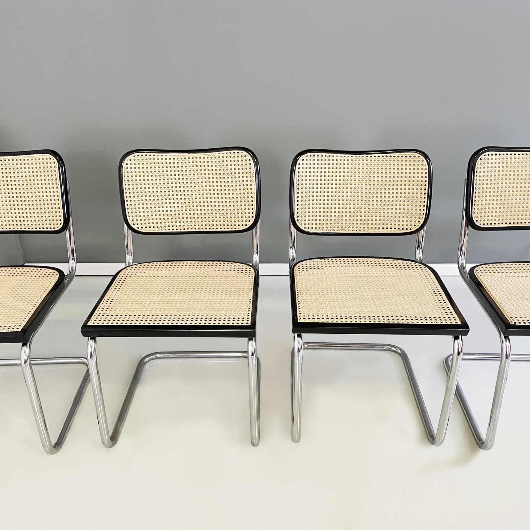 Steel Italian modern Cesca style Chairs in black wood, straw and steel, 1970s