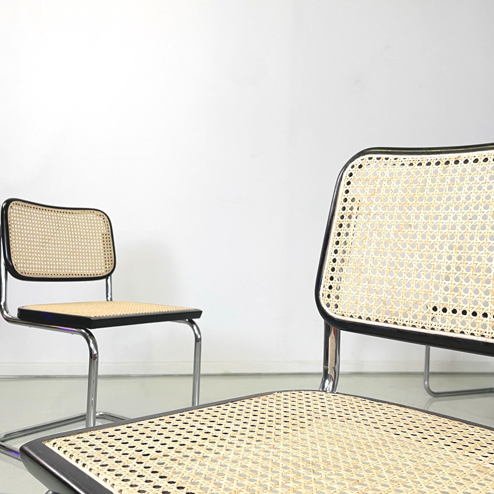 Italian modern Cesca style Chairs in black wood, straw and steel, 1970s 2