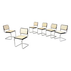 Italian modern Cesca style Chairs in black wood, straw and steel, 1970s
