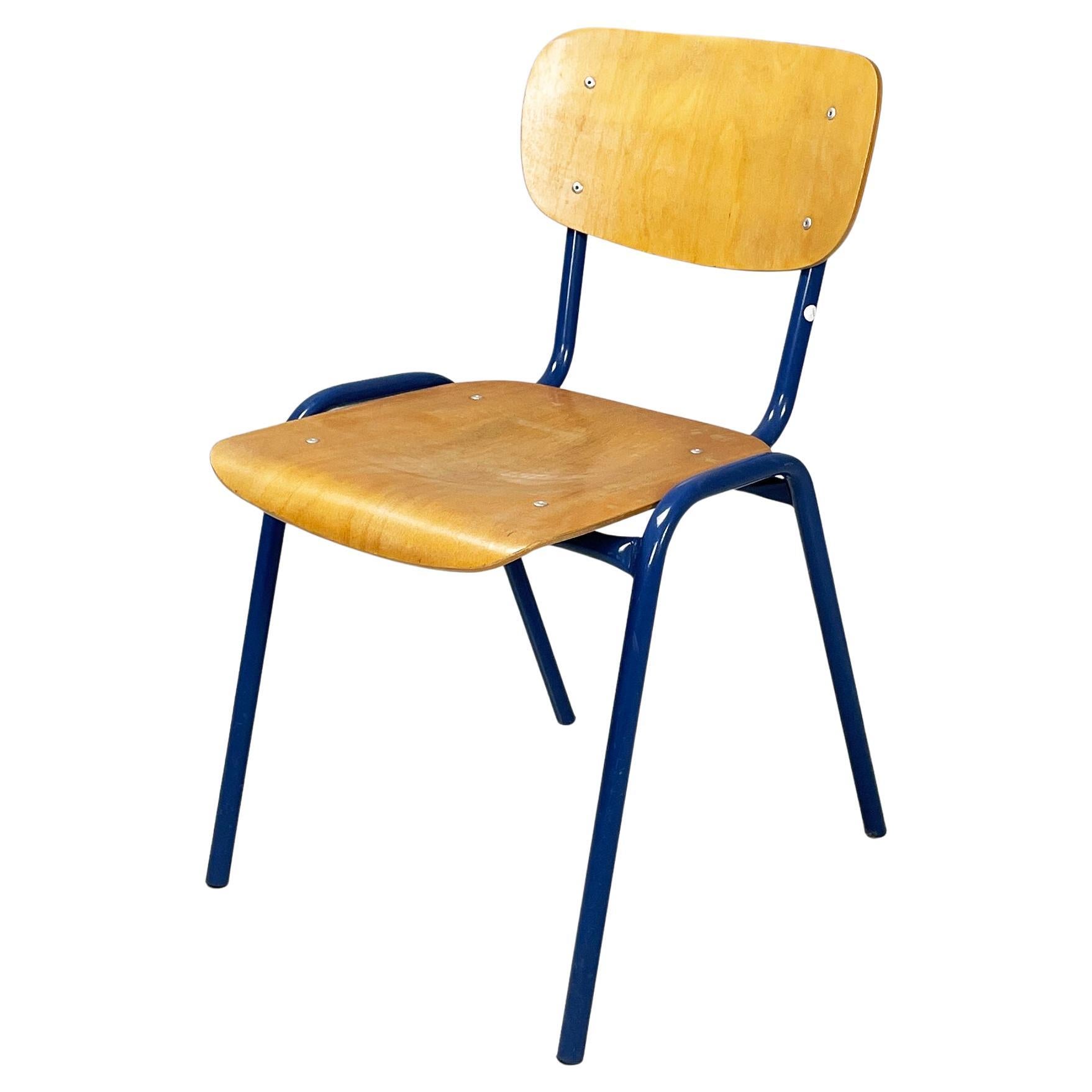 Italian modern Chair in wood and blue metal, 1970s