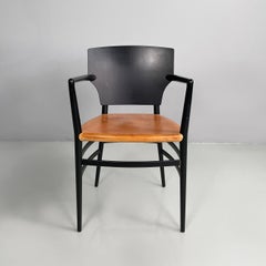 Italian modern chairs by Cappellini in black wood and brown leather, 1980s