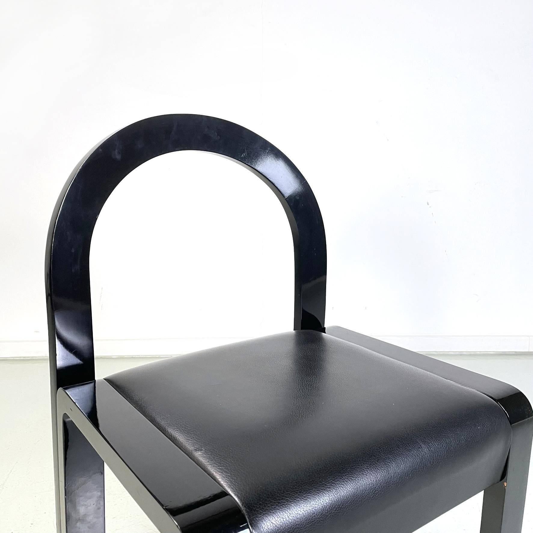 Italian modern Chairs in black lacquered wood and black leather, 1980s For Sale 1